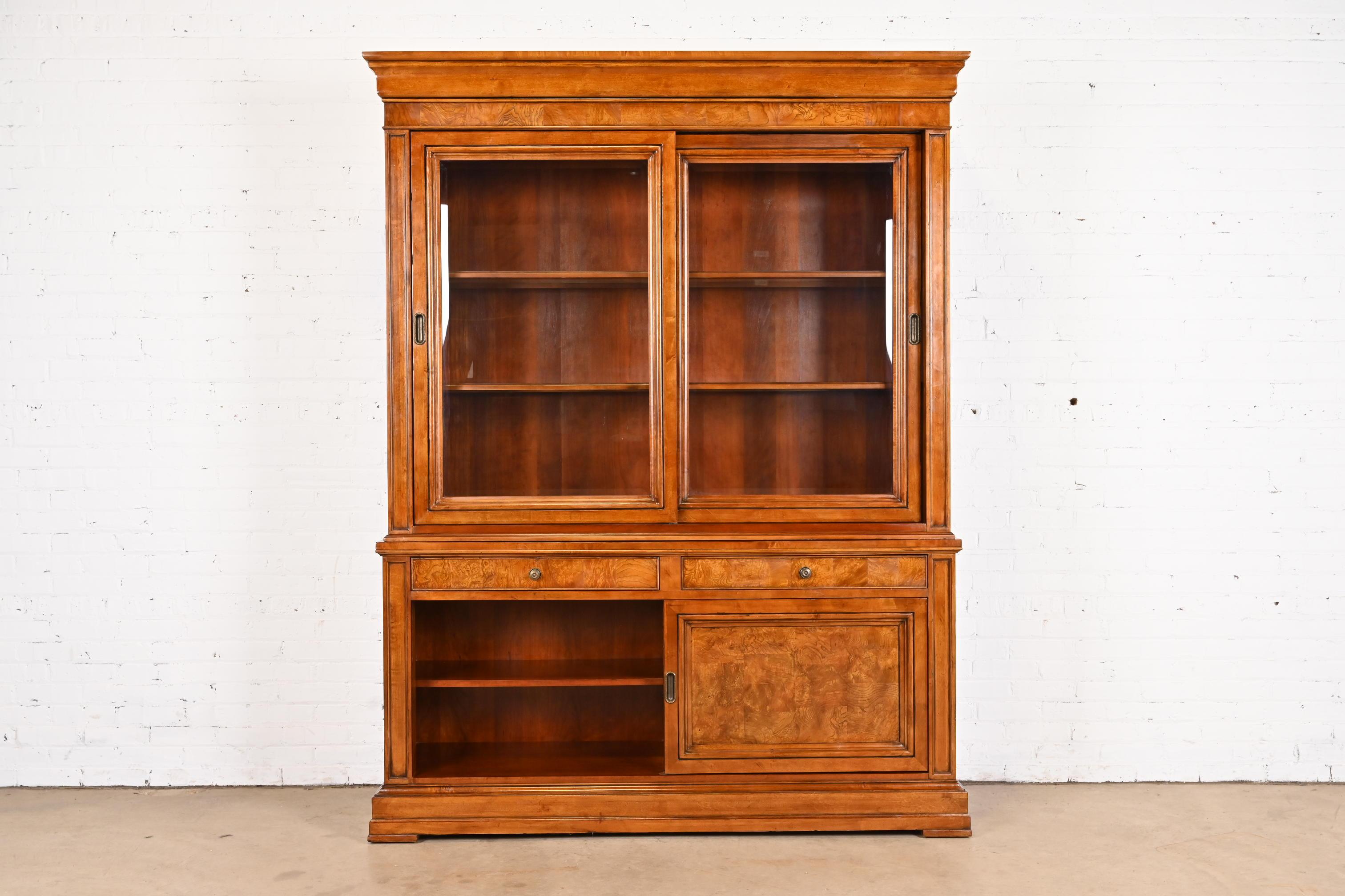 French Louis Philippe Style Cherry and Burl Wood Breakfront Bookcase Cabinet For Sale 4