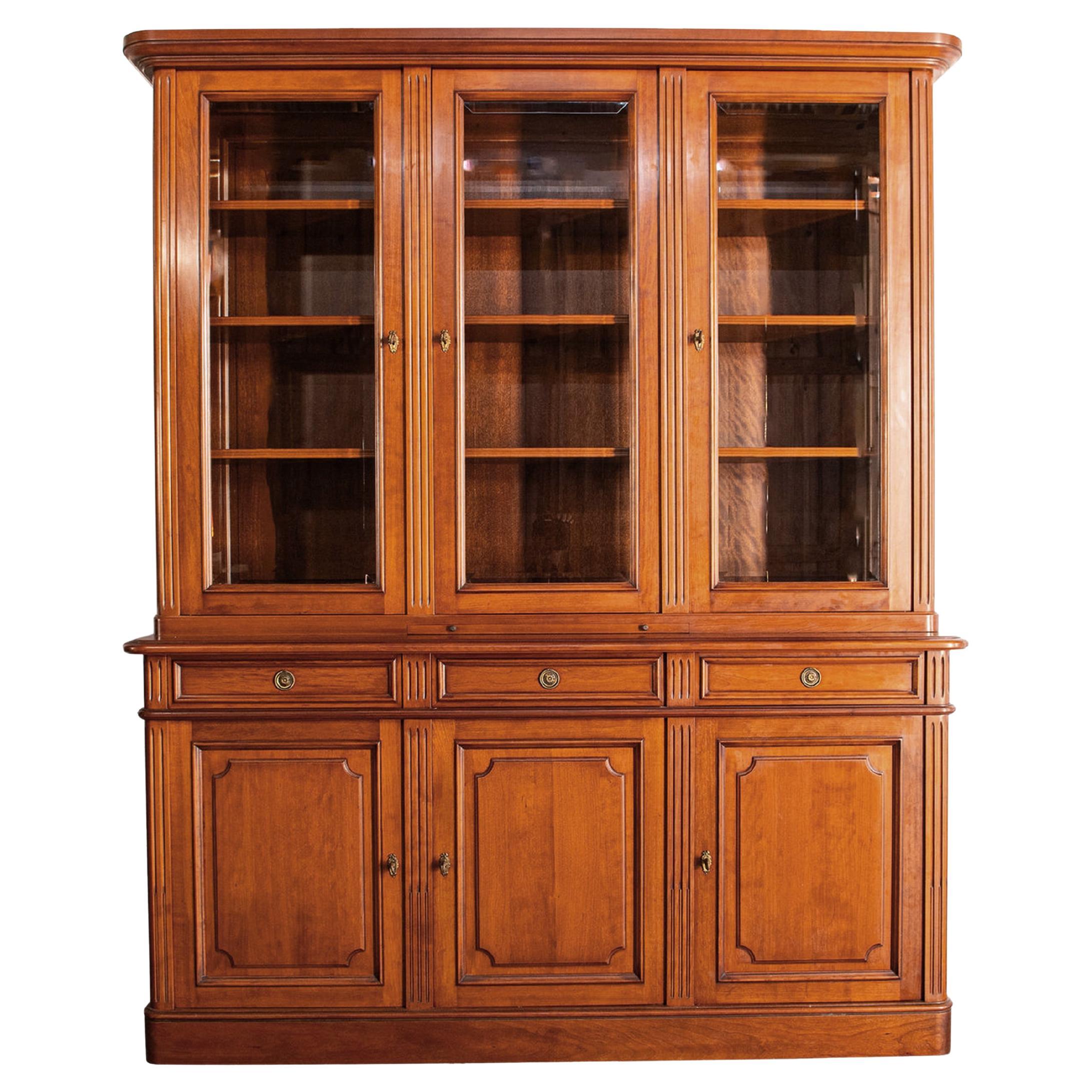 French Louis Philippe Style Large Fruitwood Bookcase with Writing Desk