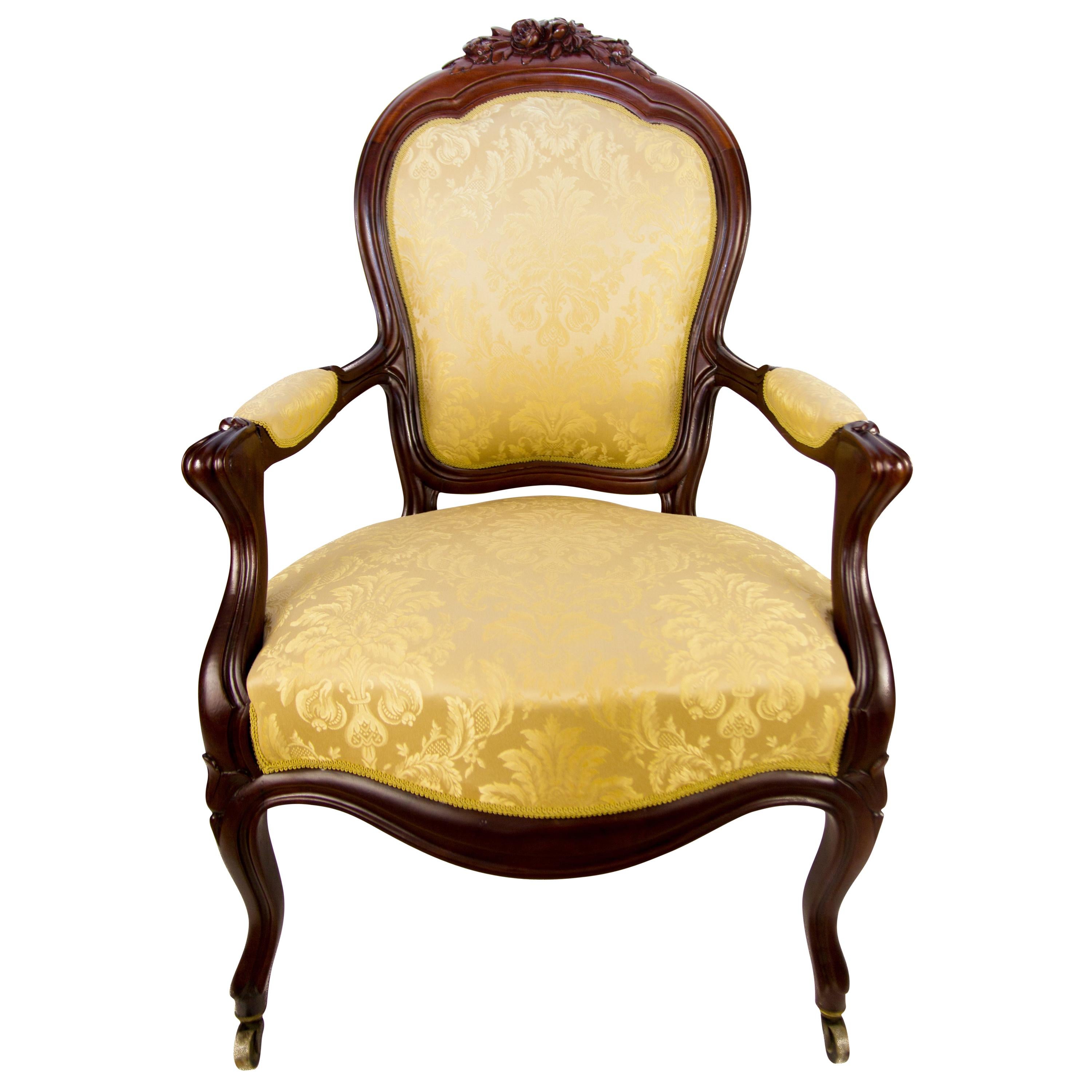 French Louis Philippe Style Yellow and Walnut Armchair, Late 19th Century 