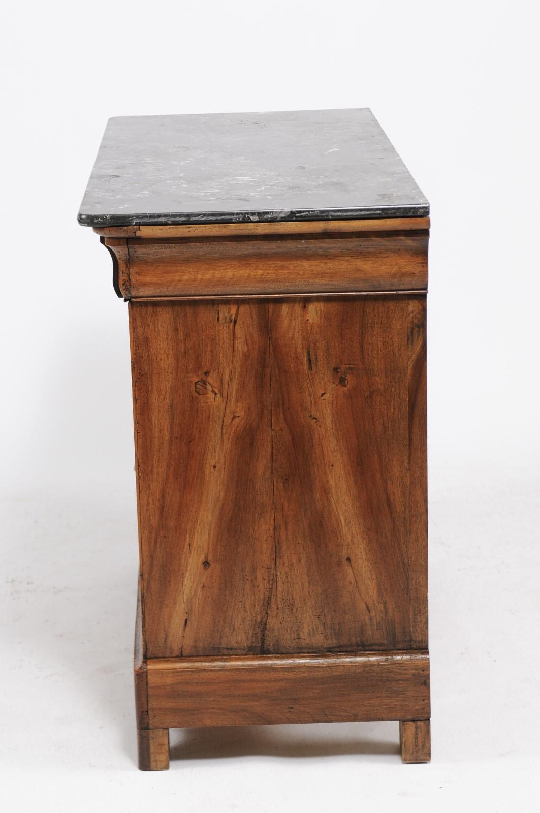 19th Century French Louis Philippe Style Walnut Commode with Grey Marble Top, circa 1890