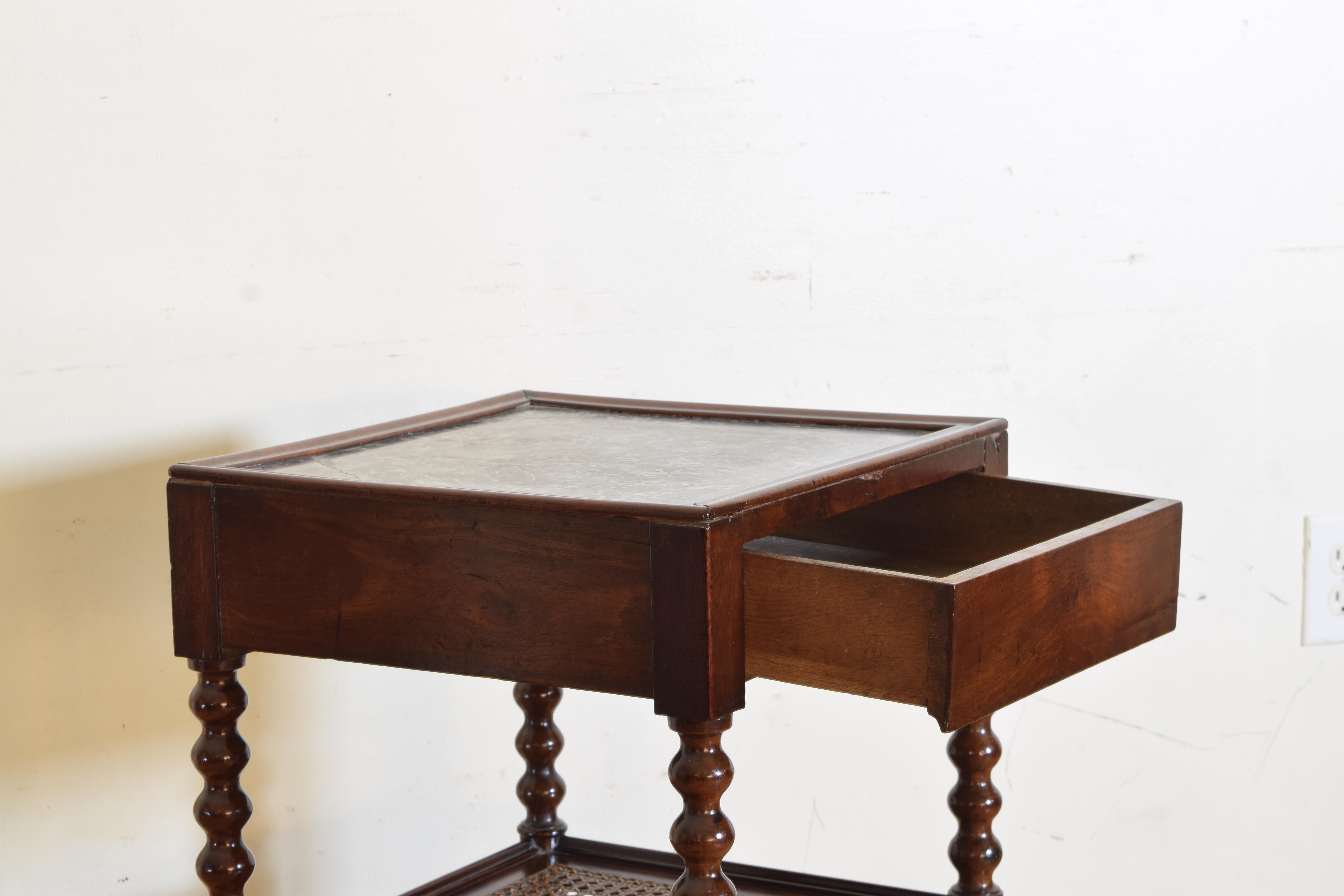 Mid-19th Century French Louis Philippe Turned Mahogany, Caned, and M/T 1-Drawer Table