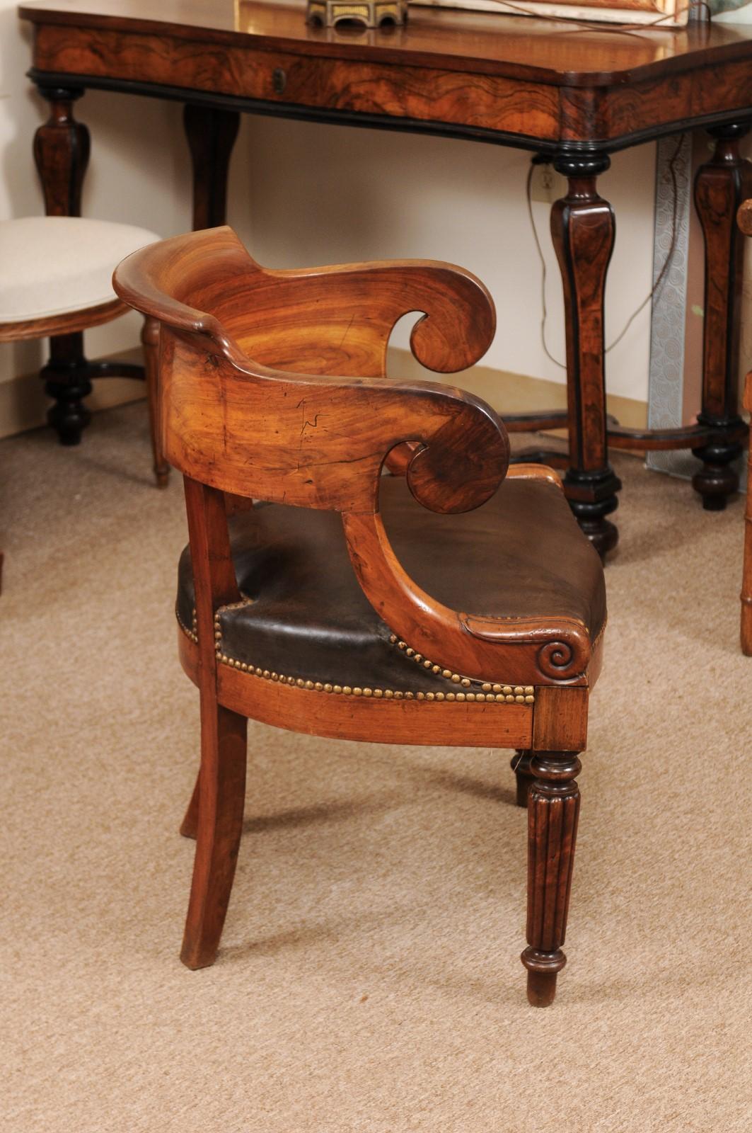Brass French Louis Philippe Walnut Desk Chair, circa 1840