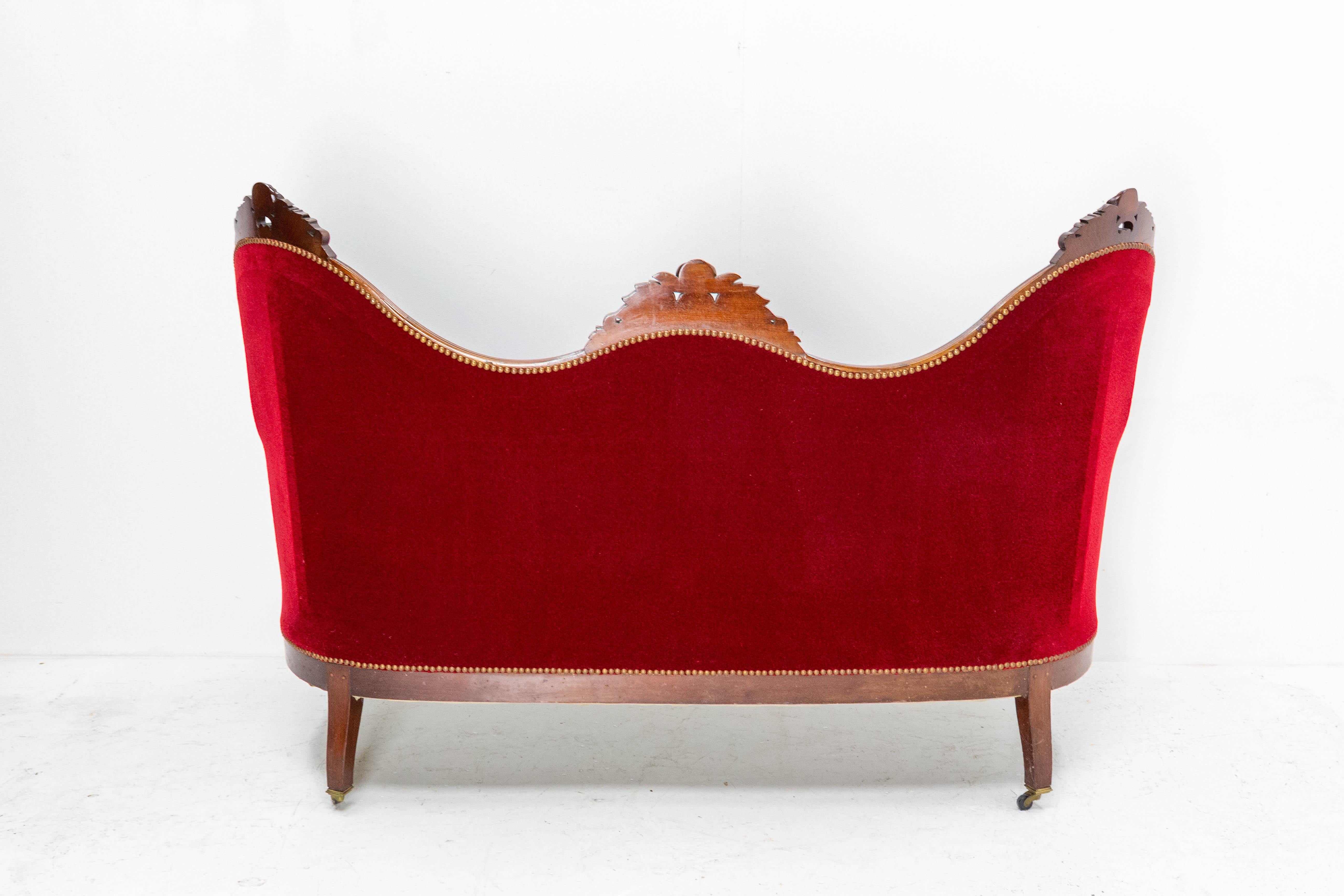 Upholstery French Louis Philippe Walnut Red Sofa or Banquette French 19th Midcentury