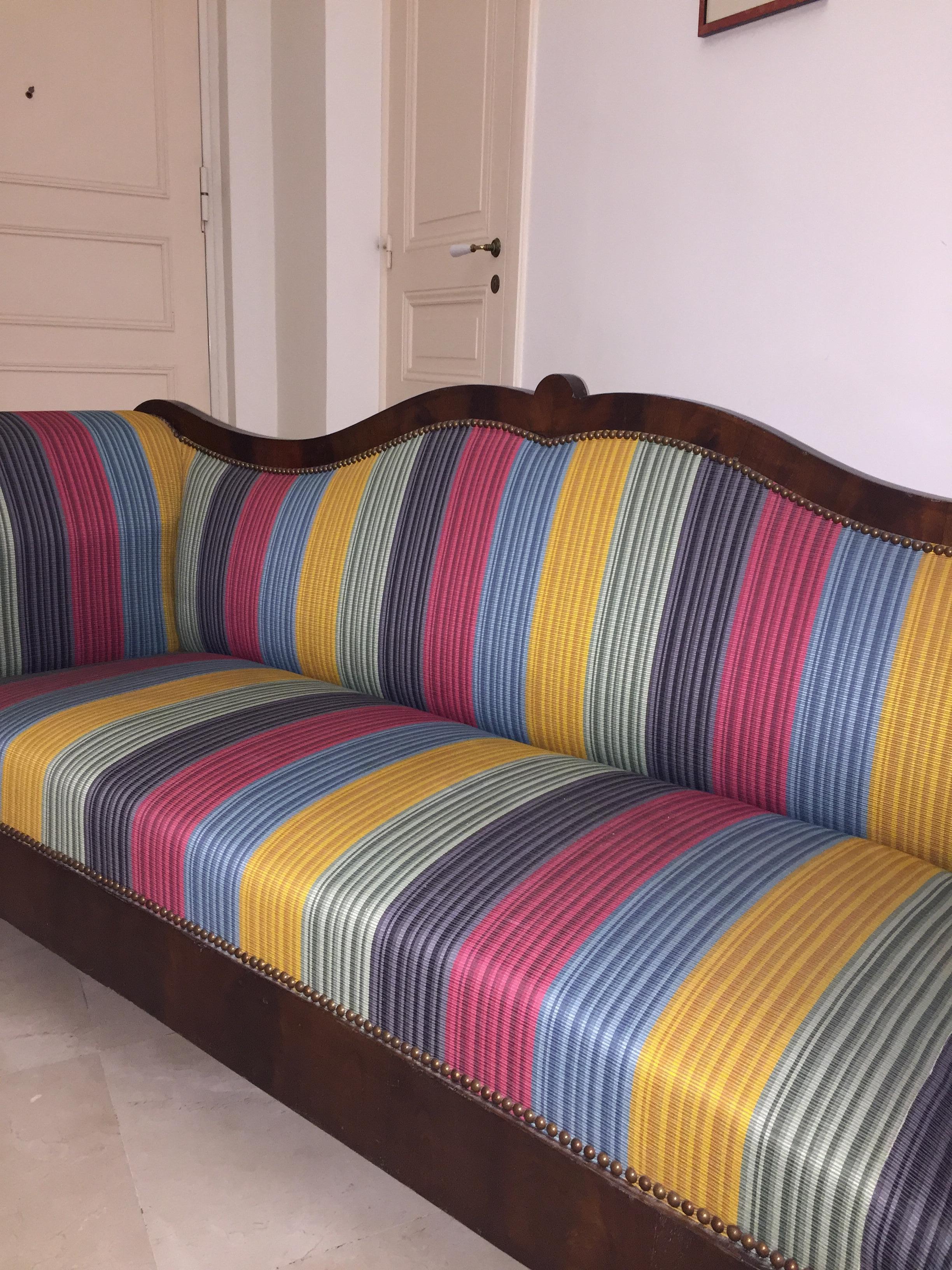 French Louis Phill Bench, Day Bed in Mahogan Yellow Blue Red Soft Stipes Fabric For Sale 5