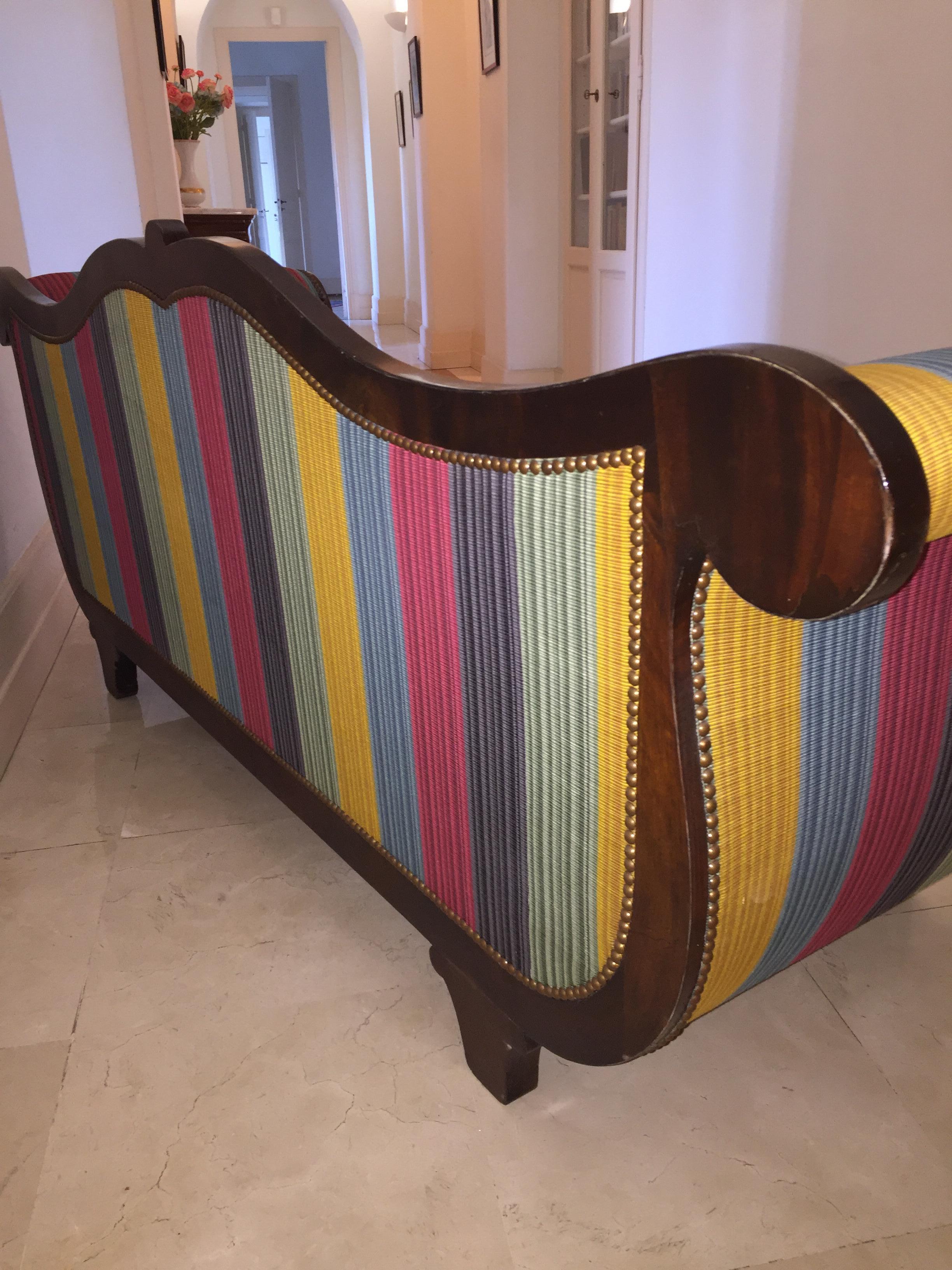 French Louis Phill Bench, Day Bed in Mahogan Yellow Blue Red Soft Stipes Fabric For Sale 6