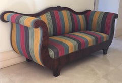 French Louis Phill Bench, Day Bed in Mahogan Yellow Blue Red Soft Stipes Fabric