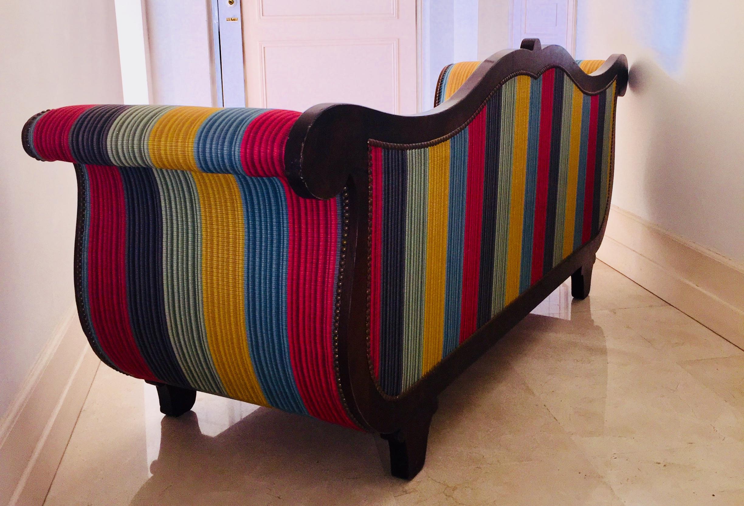 Louis Philippe French Louis Phill Bench, Day Bed in Mahogan Yellow Blue Red Soft Stipes Fabric For Sale