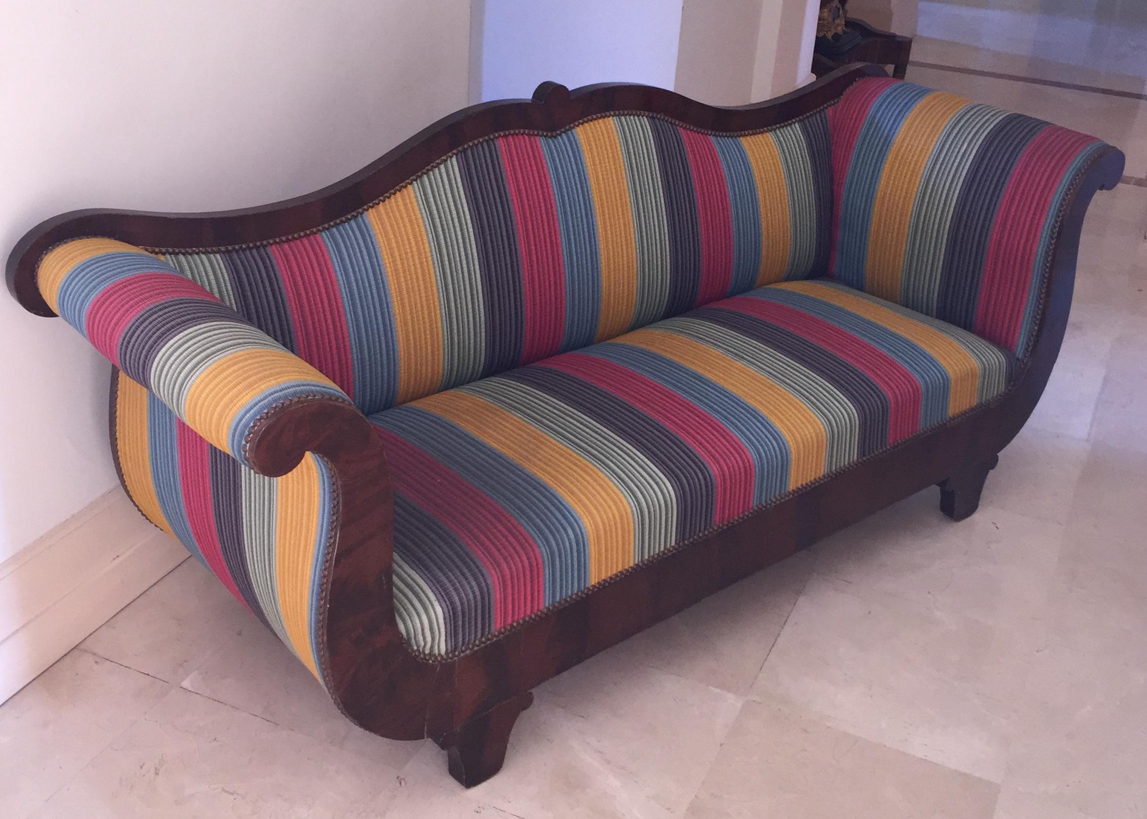 Mahogany French Louis Phill Bench, Day Bed in Mahogan Yellow Blue Red Soft Stipes Fabric For Sale