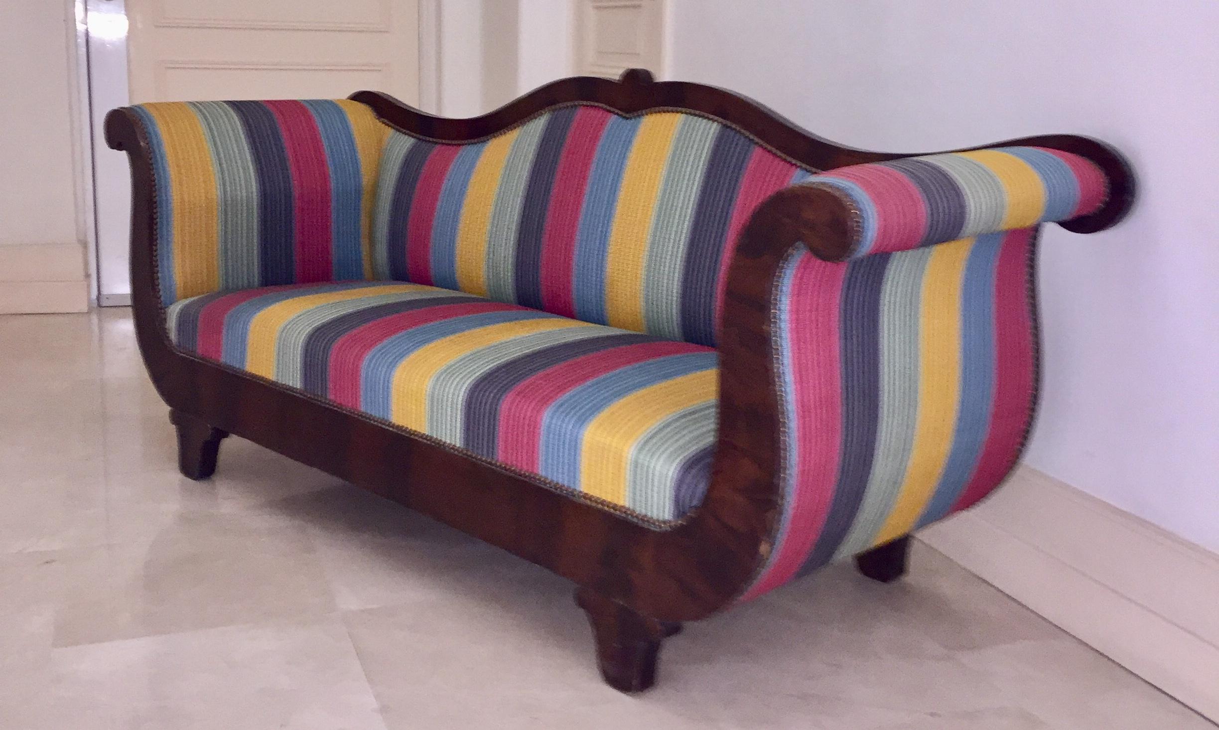 French Louis Phill Bench, Day Bed in Mahogan Yellow Blue Red Soft Stipes Fabric For Sale 3