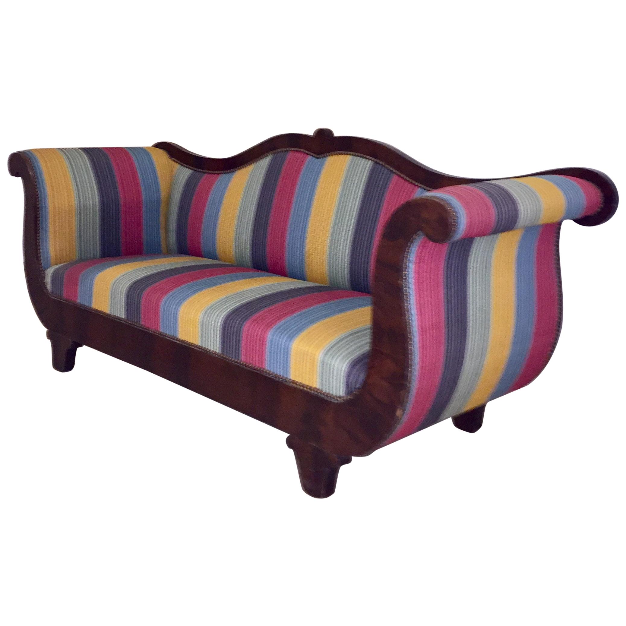 French Louis Phill Bench, Day Bed in Mahogan Yellow Blue Red Soft Stipes Fabric