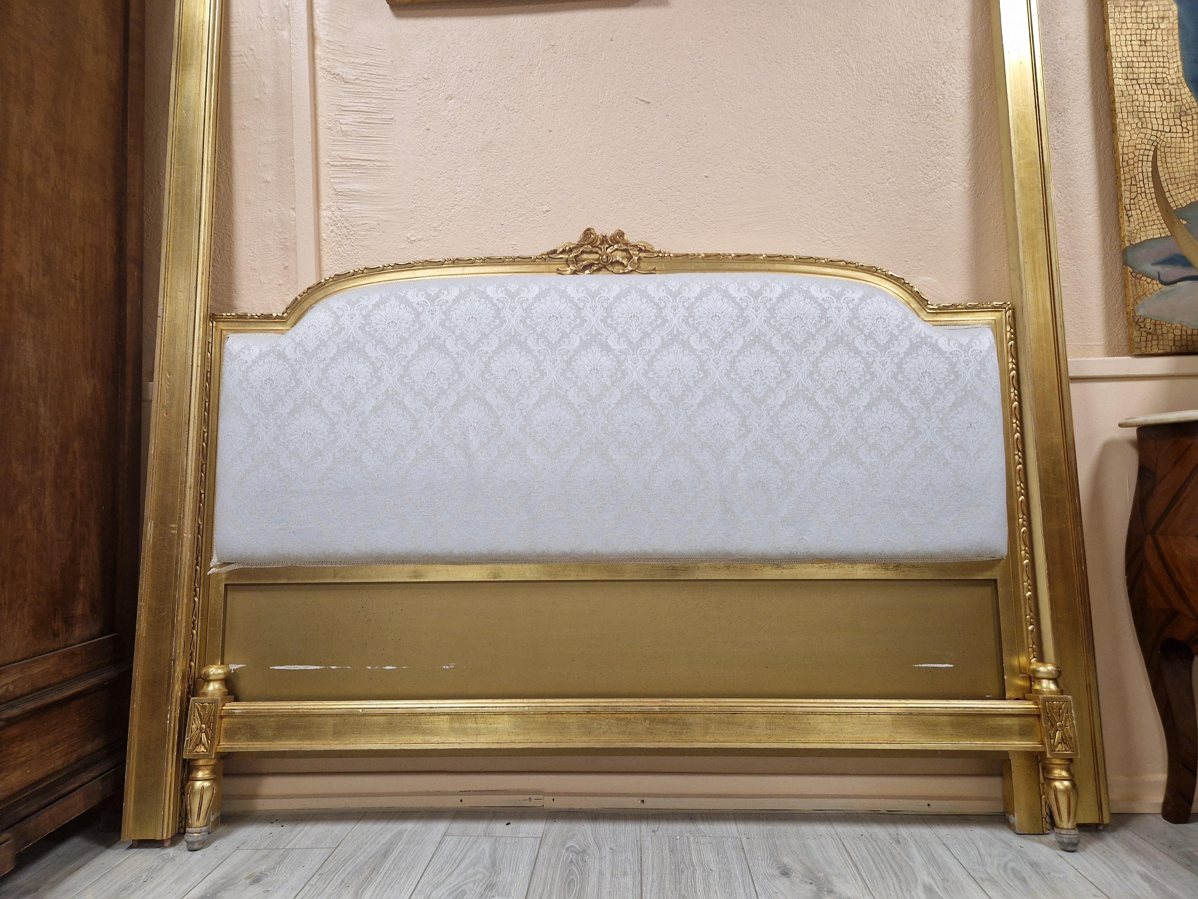 This French Bed in the Louis XVI style is a beautiful addition to any bedroom. The bed frame is made of  wood and the Beautiful Carvings work create a stunning visual effect. The Gold finish gives the bed a luxurious look, along with the Low end