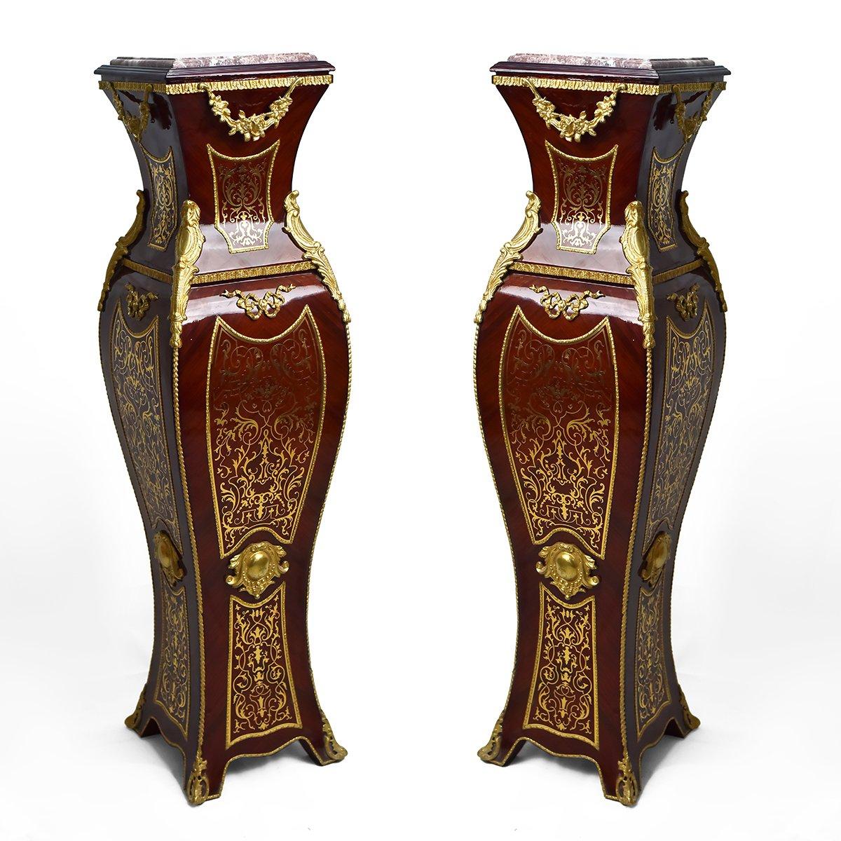 A stunning French Louis style Boulle pedestal (2 set), 20th century.

In the 18th century, a symmetrical, lighter, and smaller style were published, called Louis XV style. This Louis XV furniture’s style was a burst at its time because it wasn’t