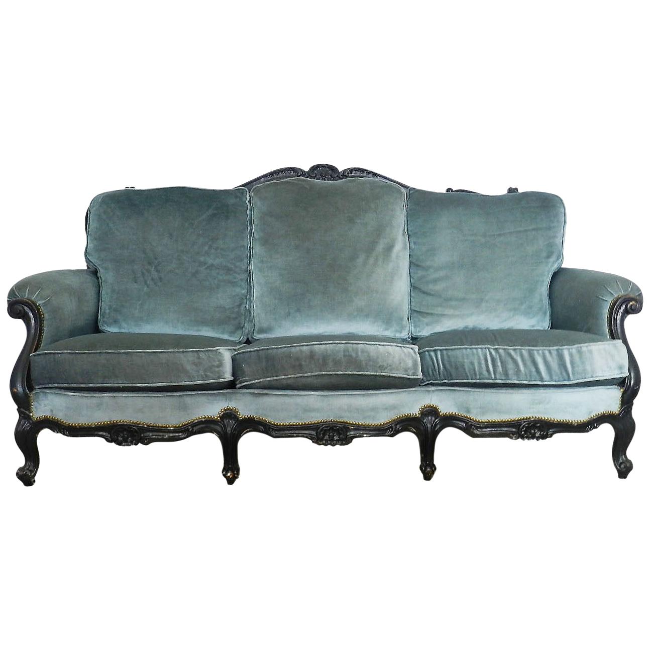French Louis XV Style Sofa Three-Seat Ebonized Midcentury, circa 1960