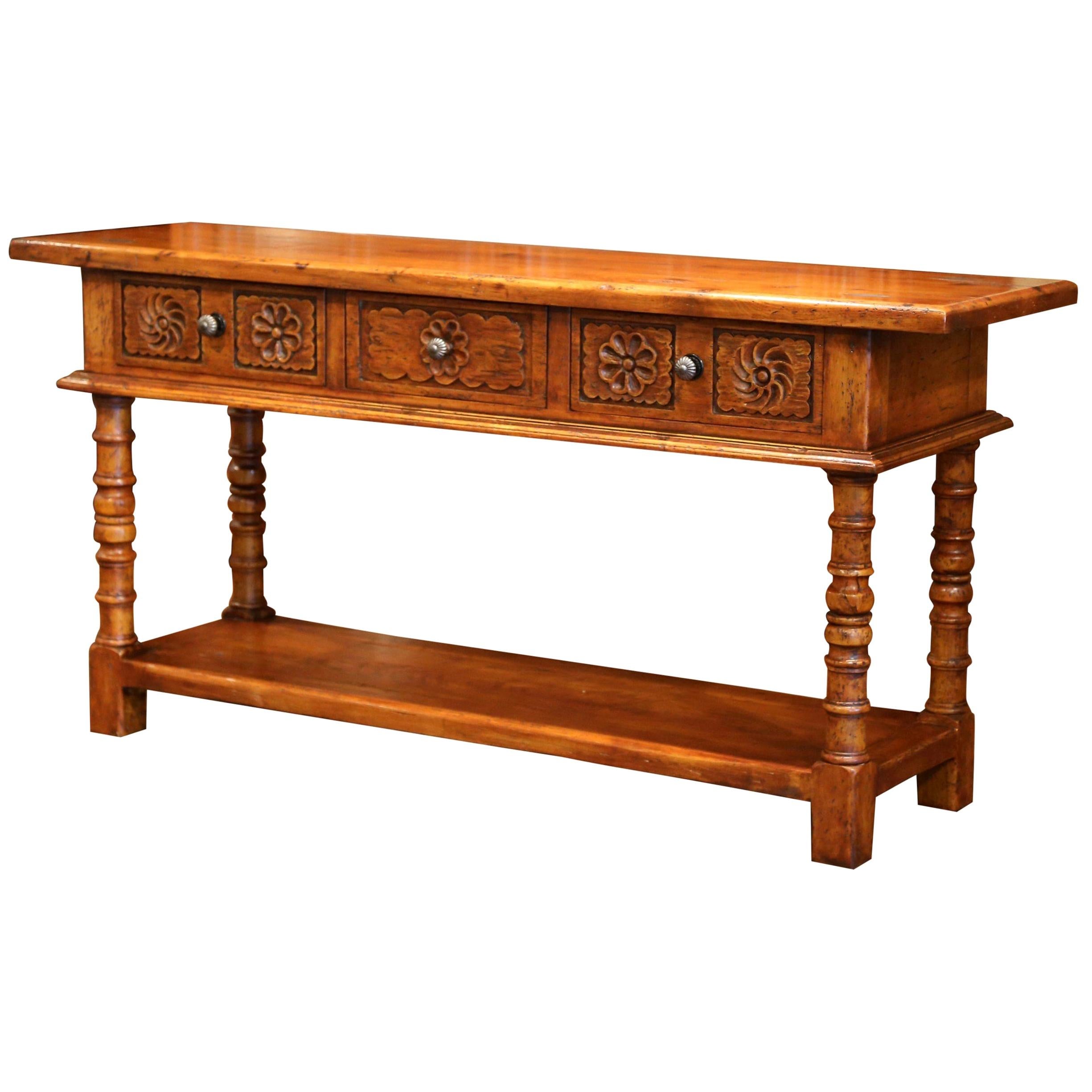 French Louis XIII Carved Walnut Console Sofa Table with Drawers