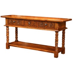 French Louis XIII Carved Walnut Console Sofa Table with Drawers