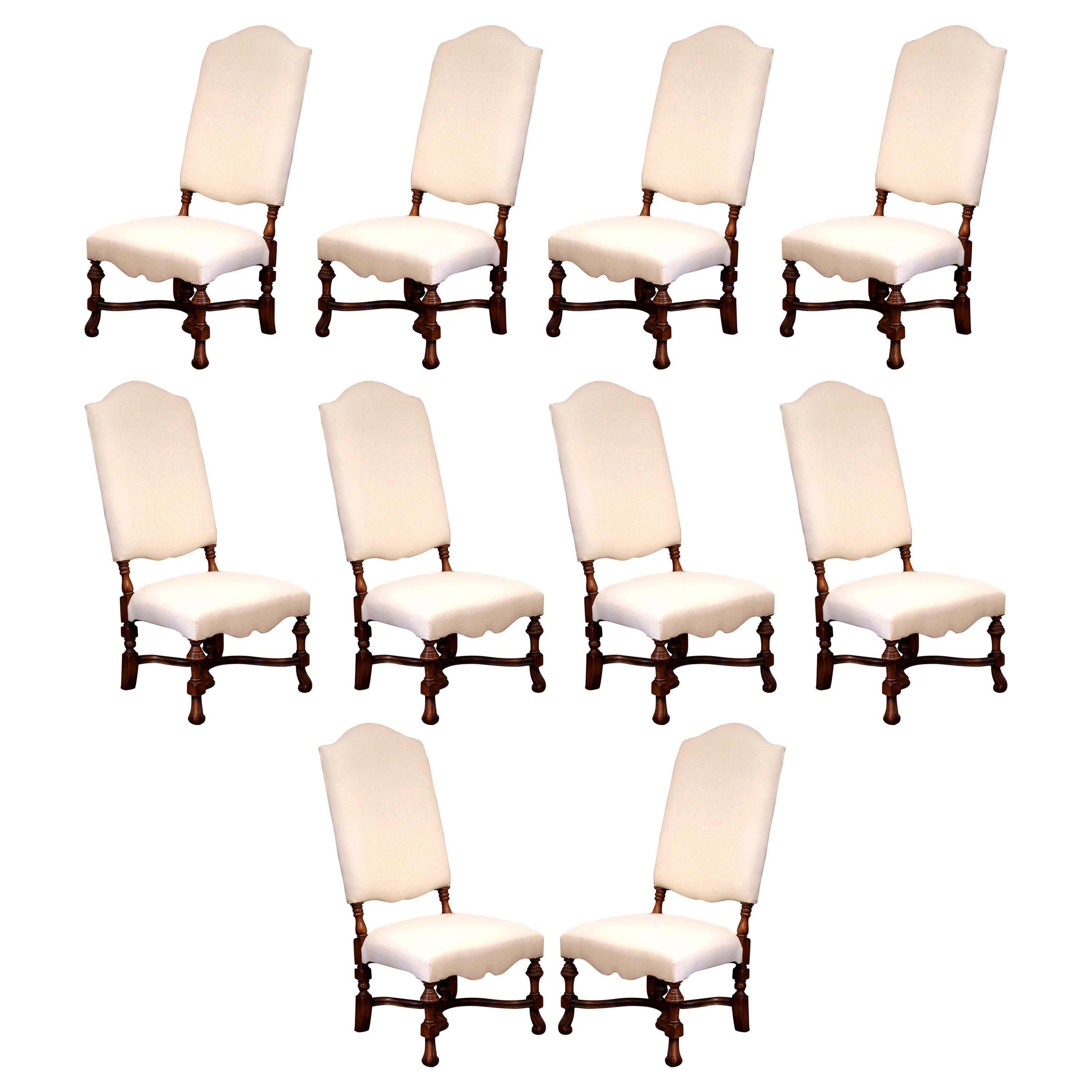 French Louis XIII Carved Walnut Dining Chairs with Muslin Upholstery, Set of 10