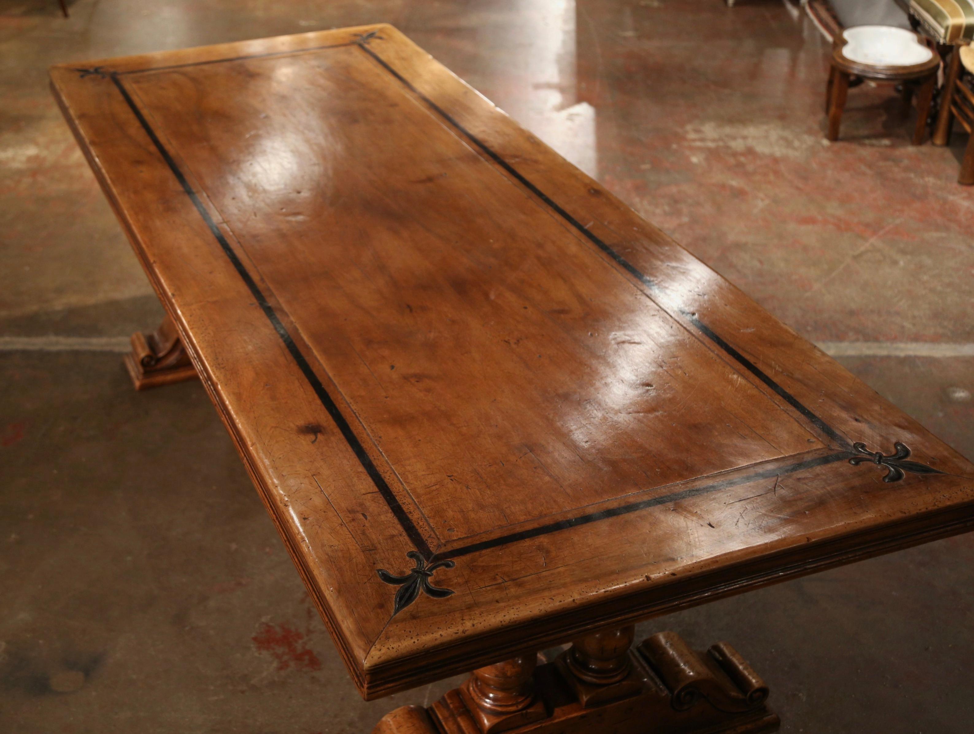 Hand-Carved French Louis XIII Carved Walnut Monastery Dining Table with Fleur de Lys Decor