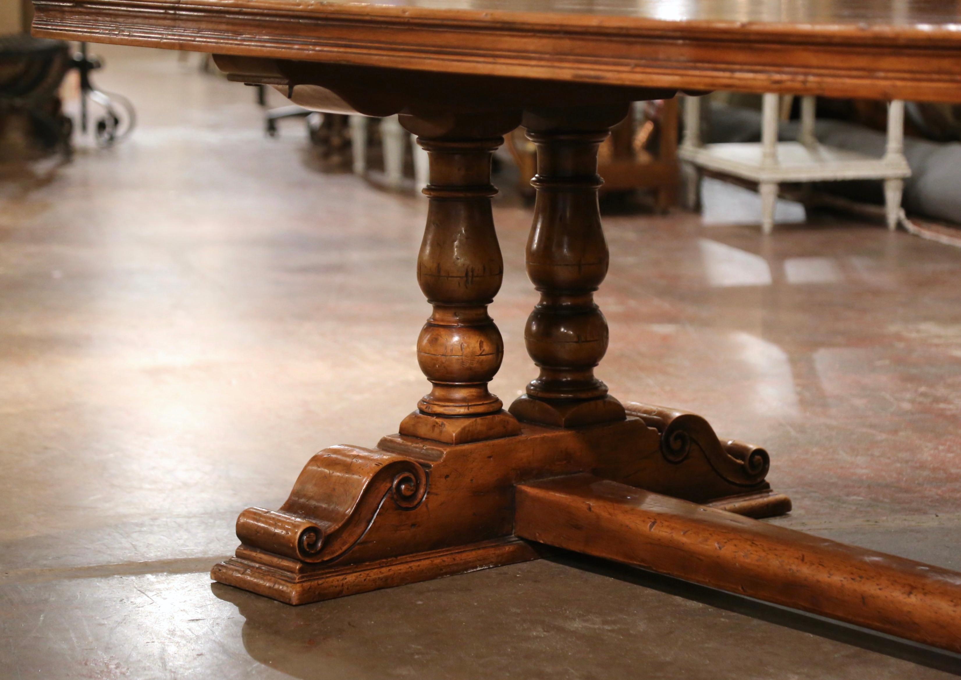 French Louis XIII Carved Walnut Monastery Dining Table with Fleur de Lys Decor In Excellent Condition In Dallas, TX
