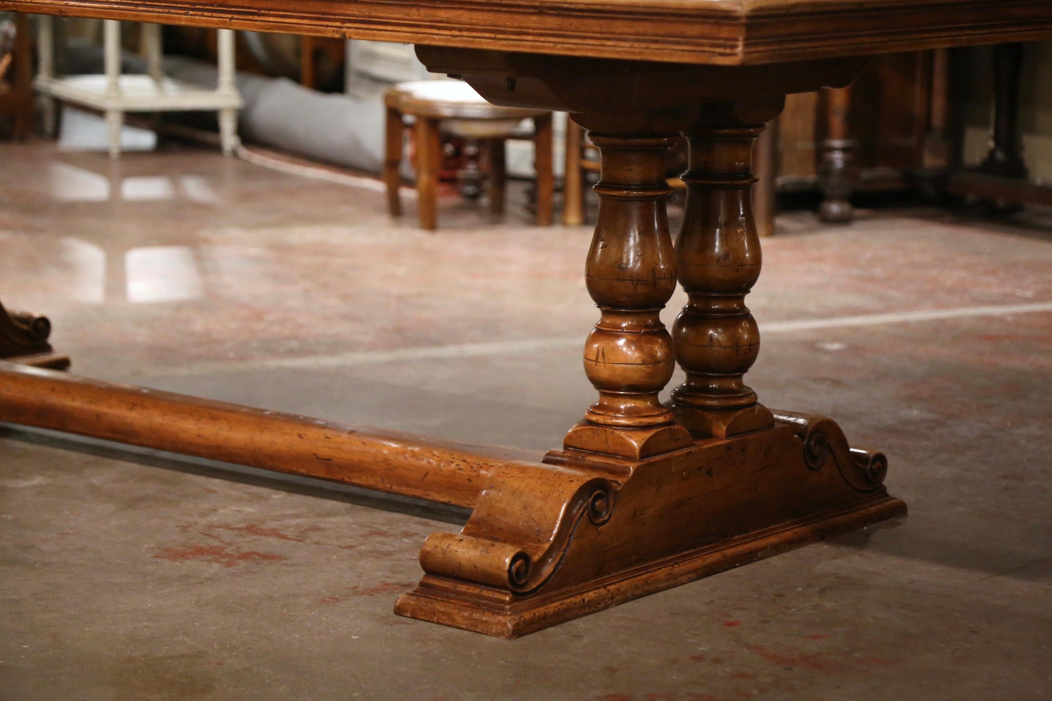 Late 20th Century French Louis XIII Carved Walnut Monastery Dining Table with Fleur de Lys Decor