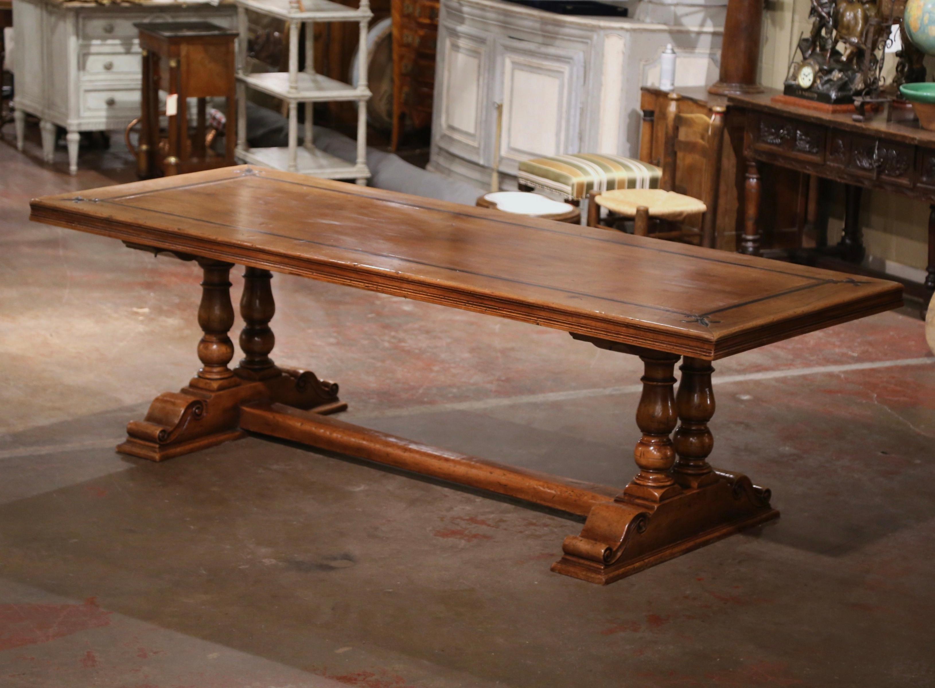 French Louis XIII Carved Walnut Monastery Dining Table with Fleur de Lys Decor 1