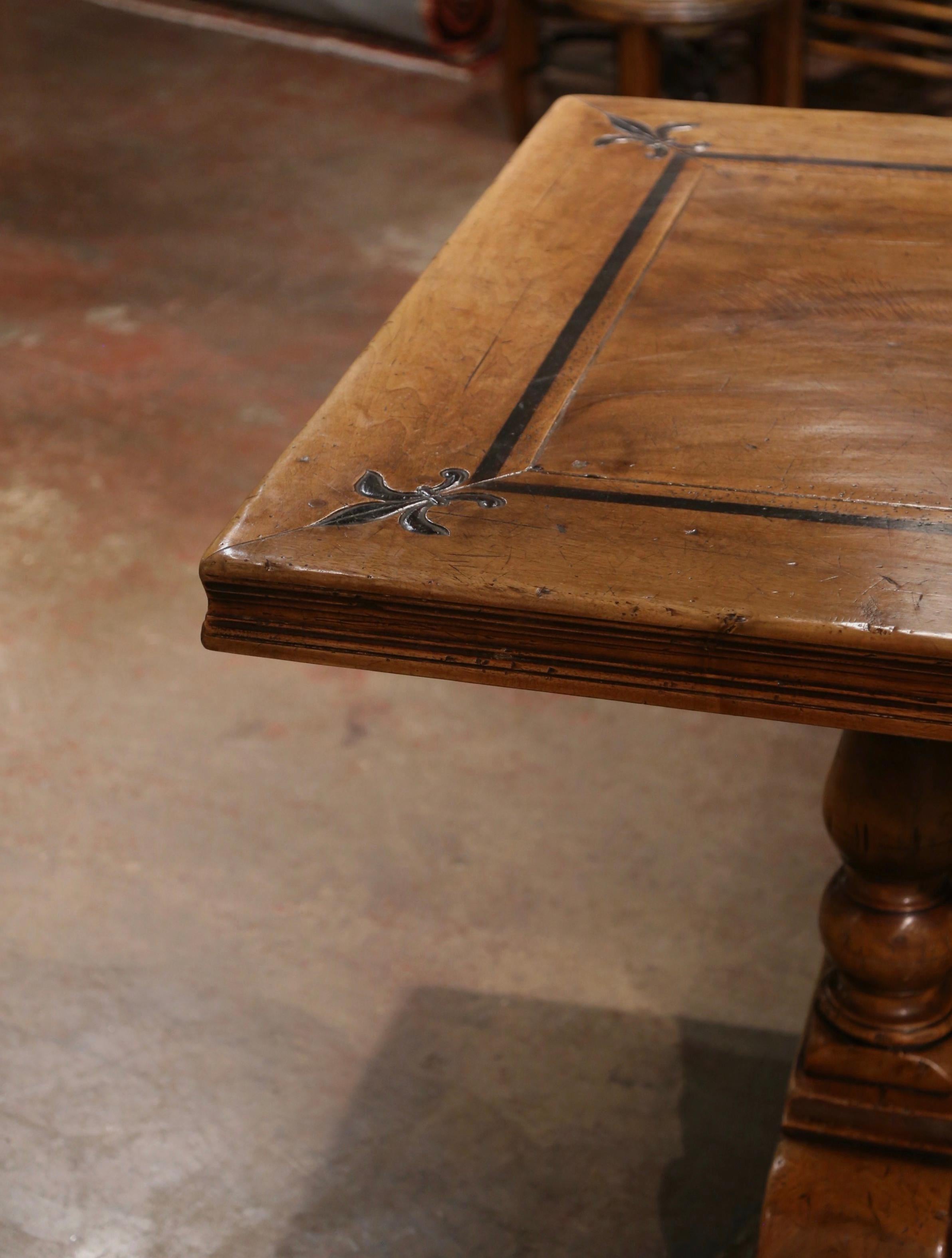 French Louis XIII Carved Walnut Monastery Dining Table with Fleur de Lys Decor 2