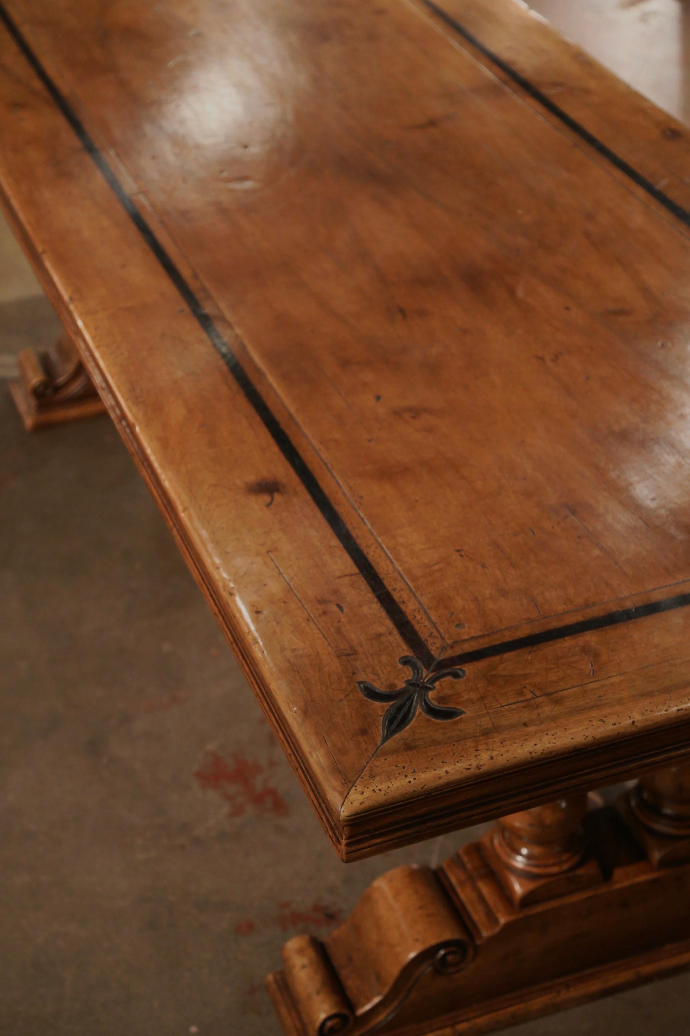 French Louis XIII Carved Walnut Monastery Dining Table with Fleur de Lys Decor 4