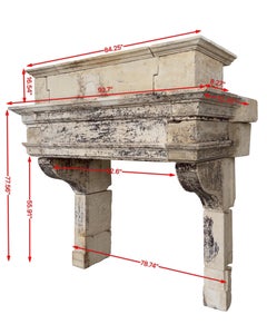 French Louis XIII Limestone Fireplace Mantel with Monumental Upper Mantel