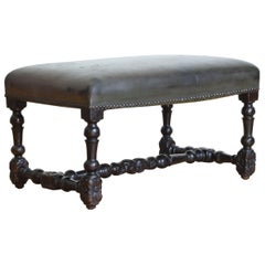 Antique French Louis XIII Period Carved and Turned Dark Walnut Bench, Early 18th Century