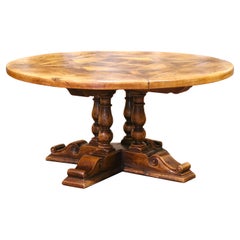 French Louis XIII Round Inlaid Walnut, Chestnut and Oak Dining Table on Pedestal