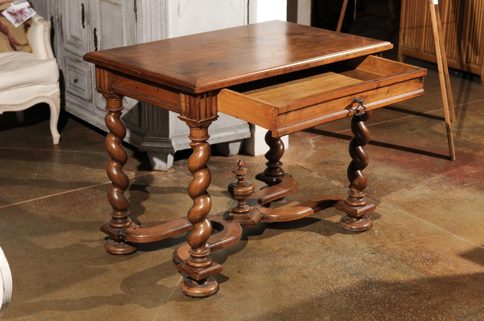 Turned French Louis XIII Style 1810s Walnut Table with Drawer and Barley Twist Legs