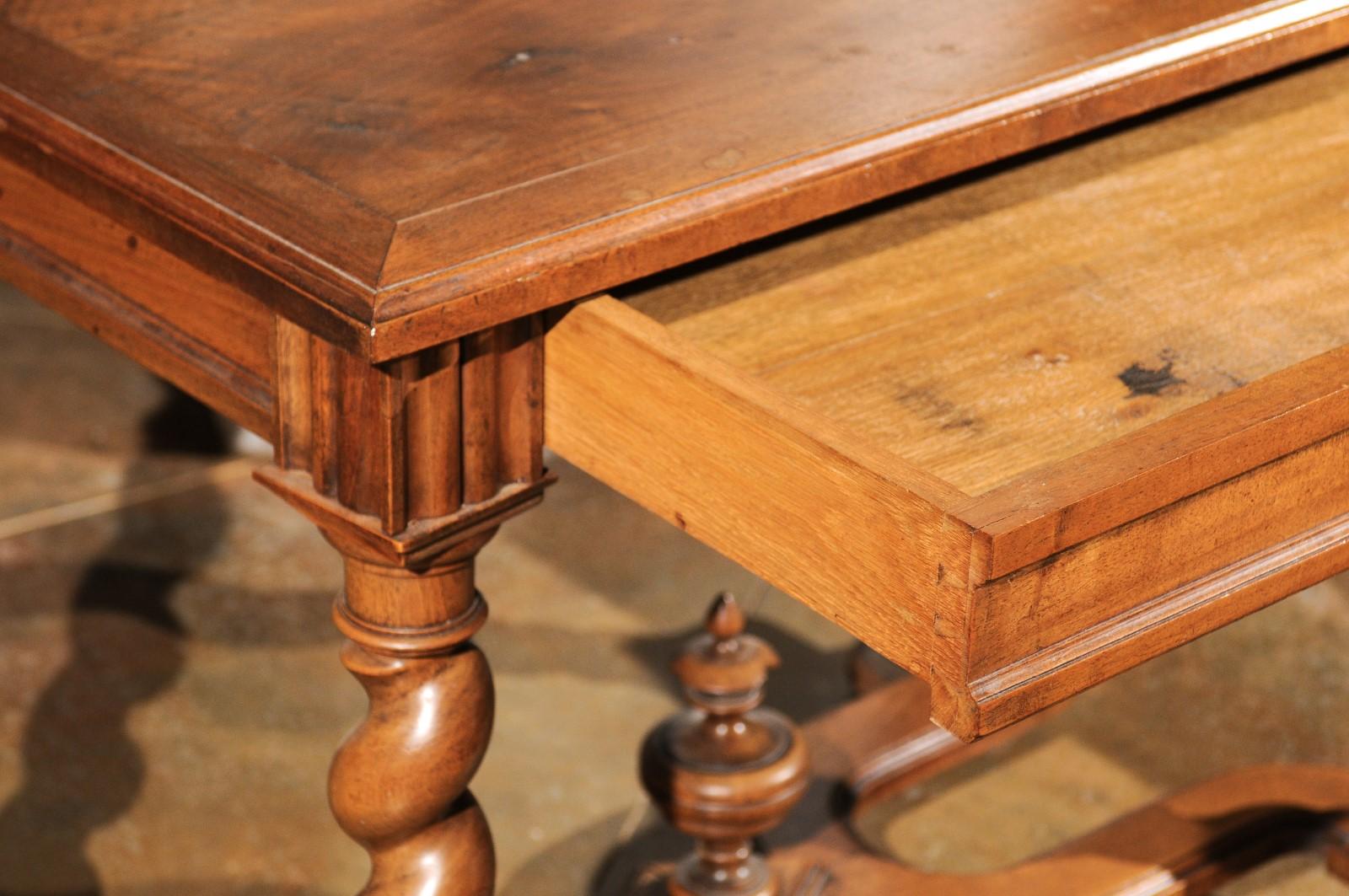 French Louis XIII Style 1810s Walnut Table with Drawer and Barley Twist Legs In Good Condition In Atlanta, GA