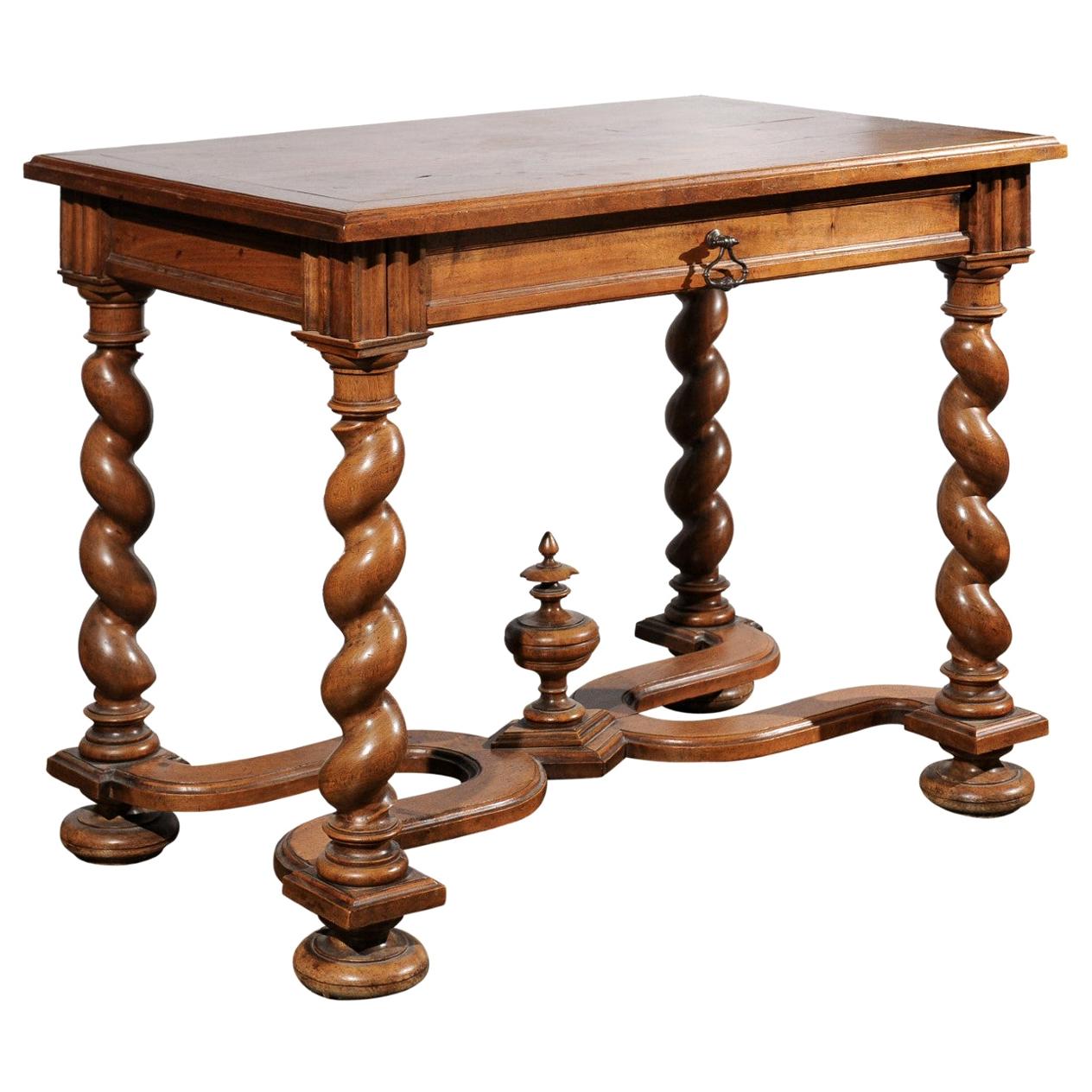 French Louis XIII Style 1810s Walnut Table with Drawer and Barley Twist Legs