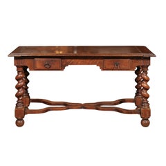 Antique French Louis XIII Style, 1840s Desk with Two Drawers and Barley Twist Base