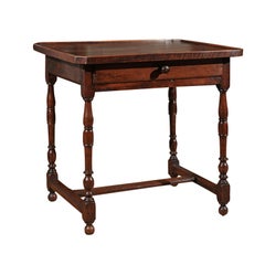 French Louis XIII Style 1850s Walnut Side Table with Drawer and Turned Legs