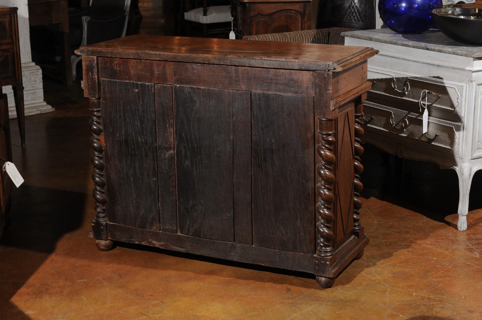 Carved French Louis XIII Style 1860s Diamond Motif Oak Buffet with Barley Twist Columns For Sale
