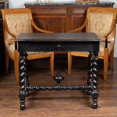 French Louis XIII Style 1870s Ebonized Wood Side Table with Barley Twist Base