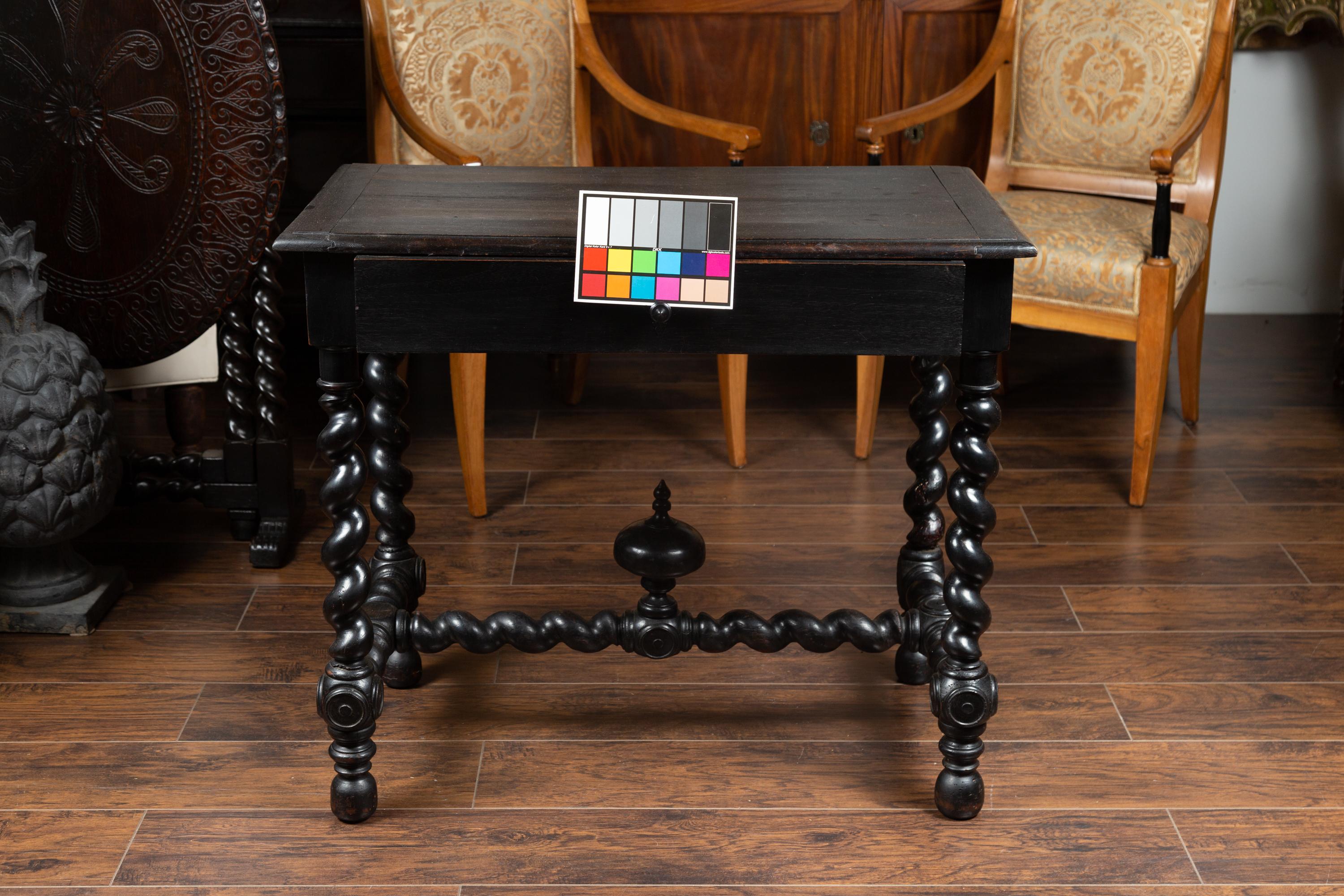 French Louis XIII Style 1870s Ebonized Wood Side Table with Barley Twist Base 16