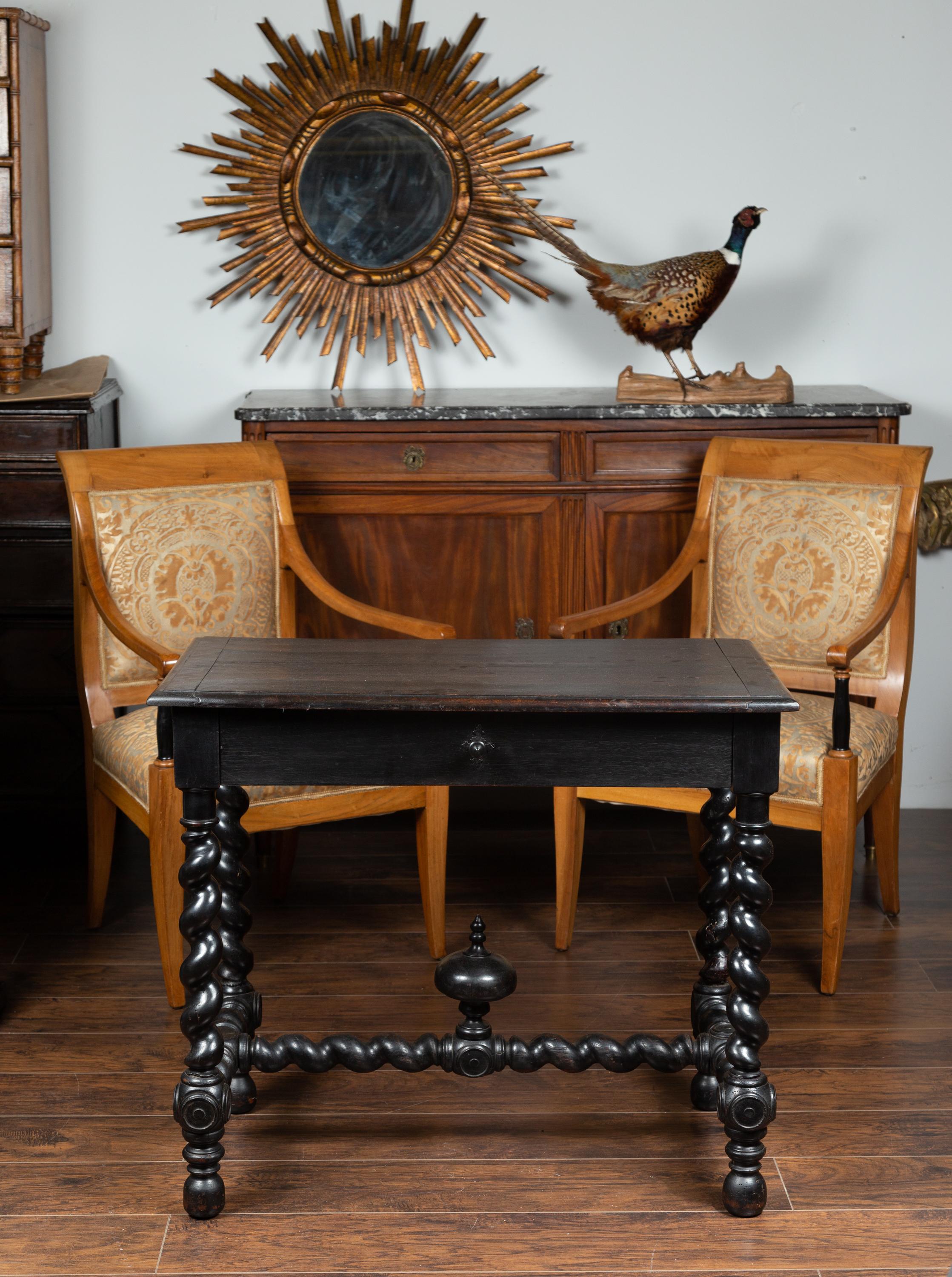 French Louis XIII Style 1870s Ebonized Wood Side Table with Barley Twist Base In Good Condition In Atlanta, GA