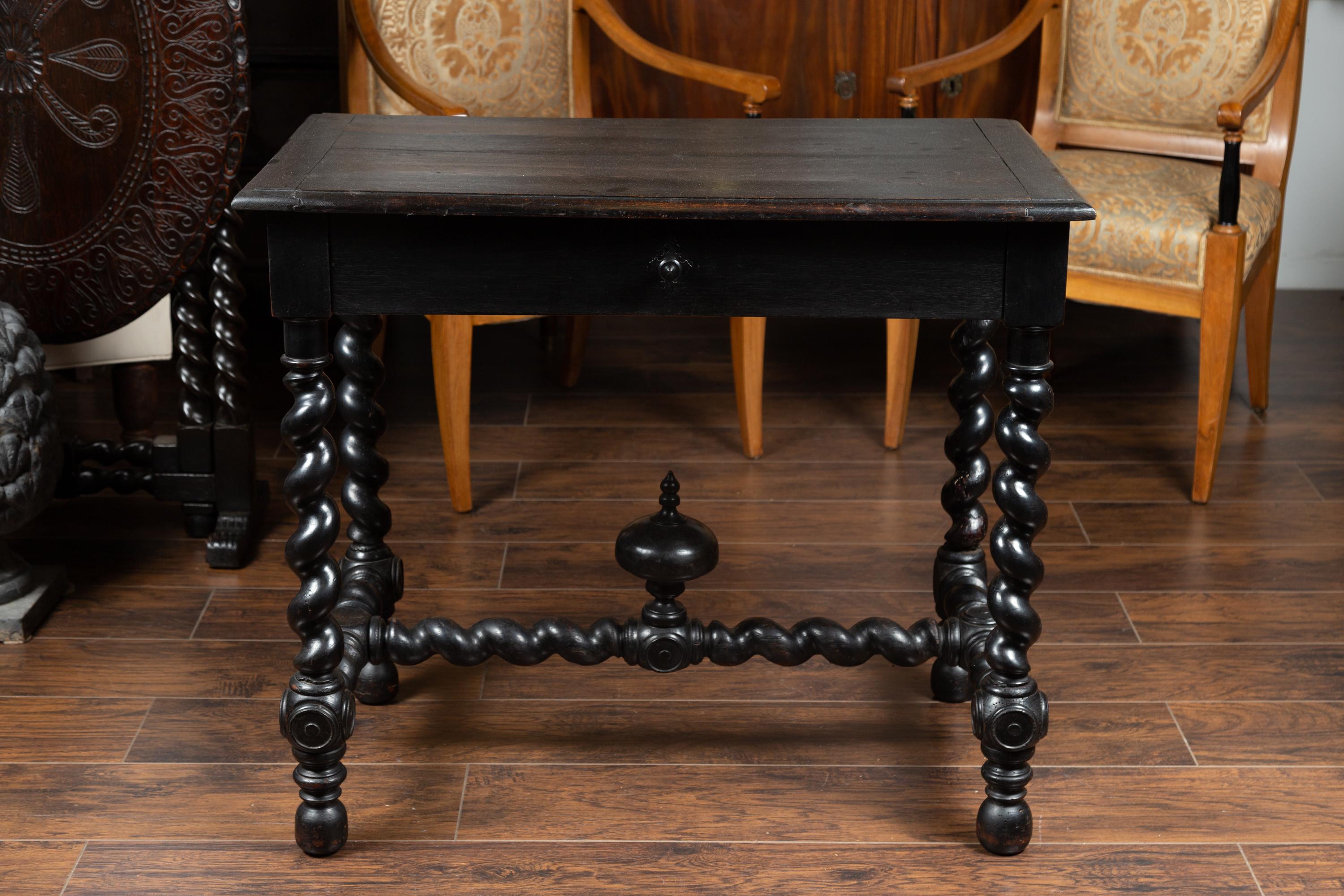 19th Century French Louis XIII Style 1870s Ebonized Wood Side Table with Barley Twist Base