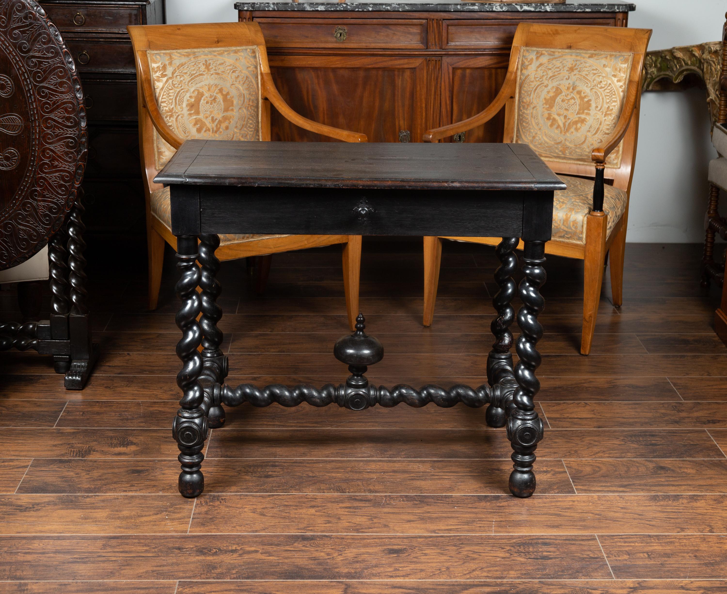 French Louis XIII Style 1870s Ebonized Wood Side Table with Barley Twist Base 1