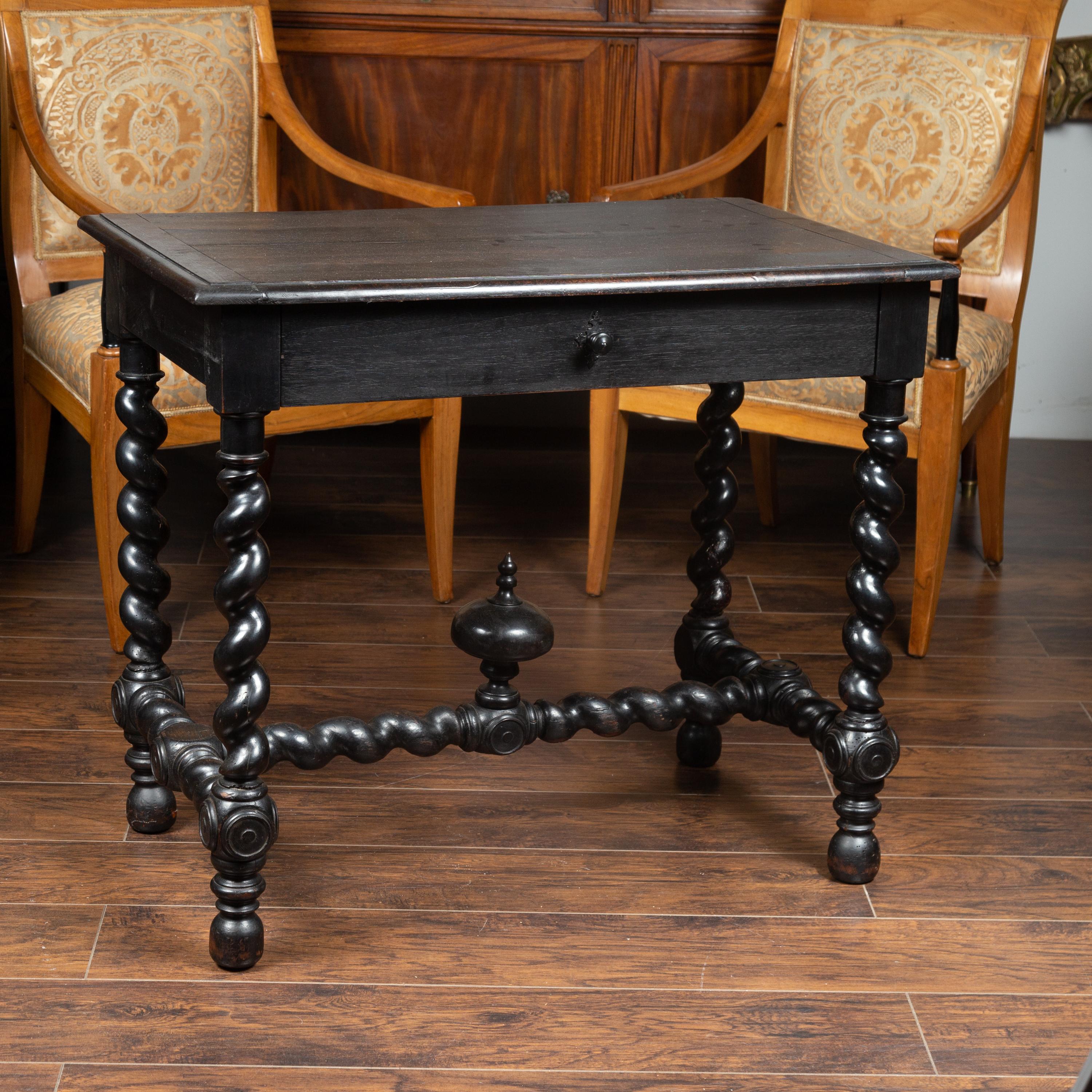 French Louis XIII Style 1870s Ebonized Wood Side Table with Barley Twist Base 2