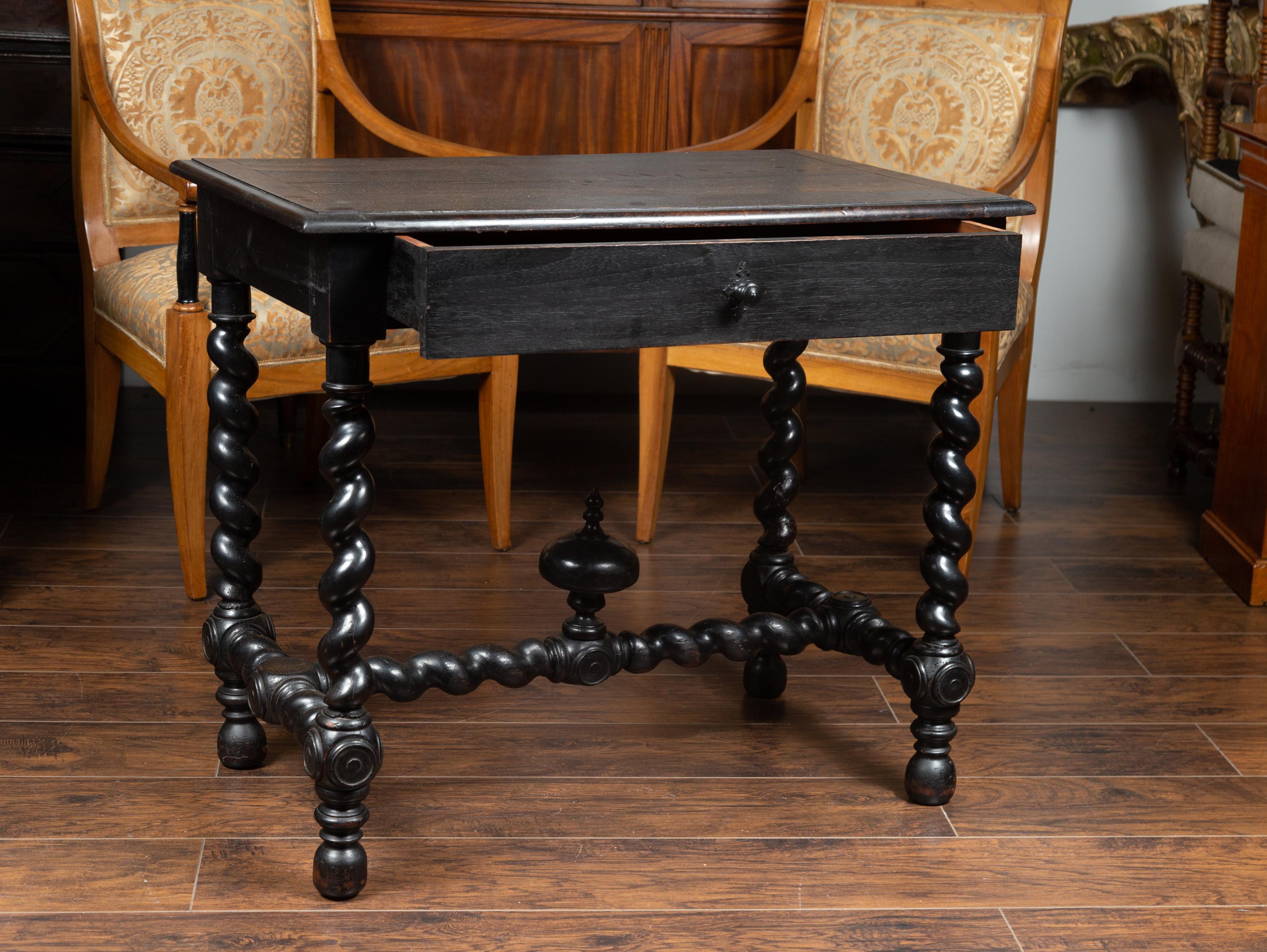 French Louis XIII Style 1870s Ebonized Wood Side Table with Barley Twist Base 3