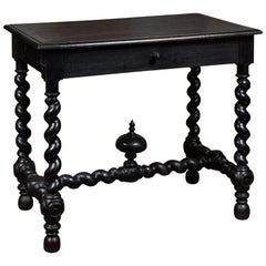 French Louis XIII Style 1870s Ebonized Wood Side Table with Barley Twist Base