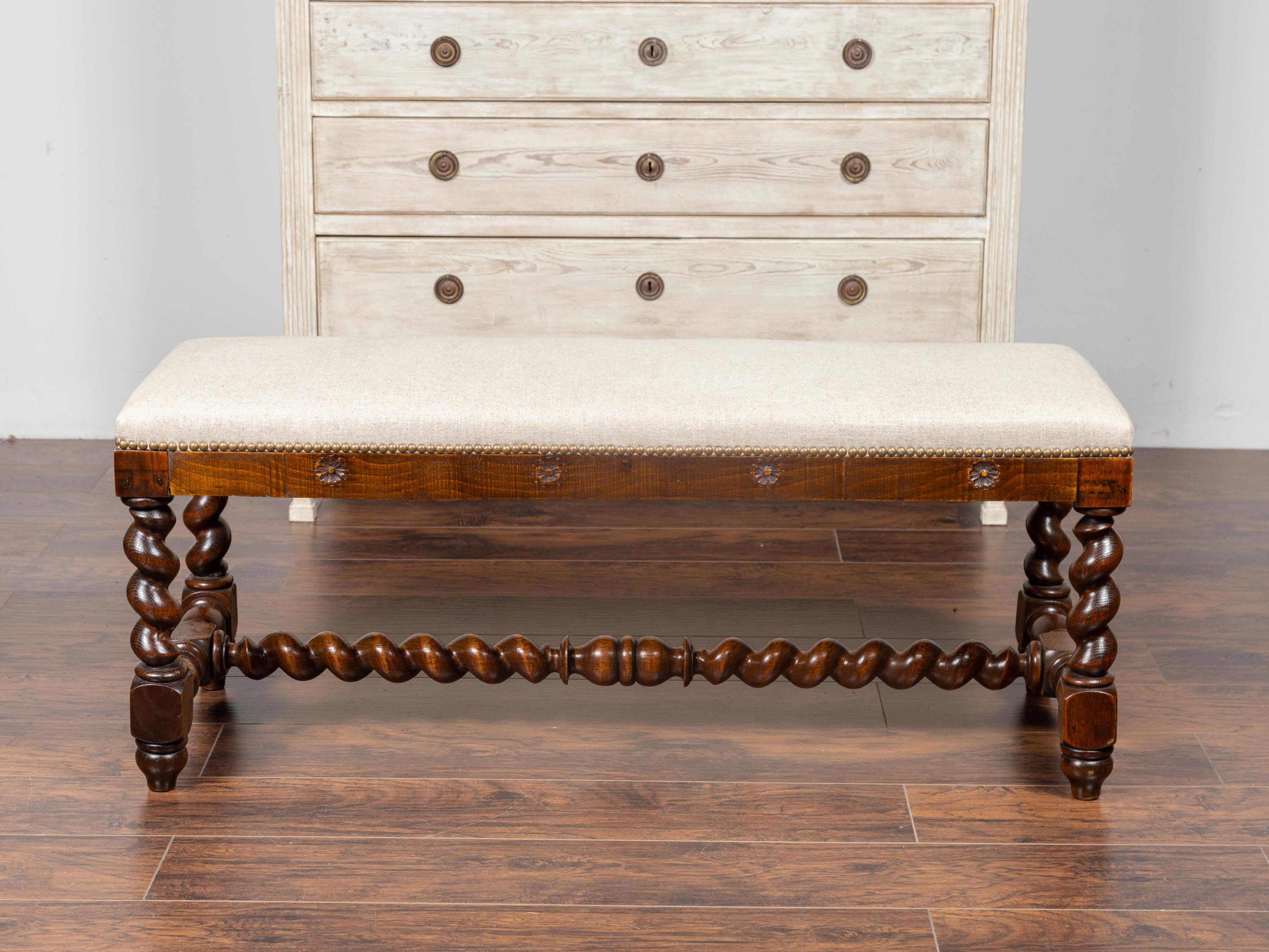 French Louis XIII Style 1880s Walnut Barley Twist Bench with New Upholstery 9