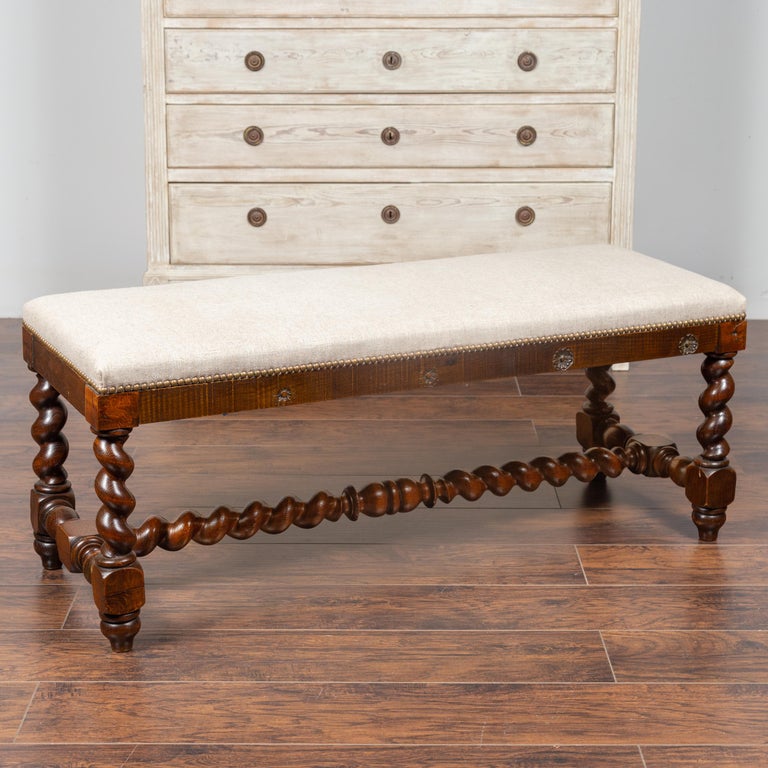 French Louis Xiii Style 1880s Walnut Barley Twist Bench With New
