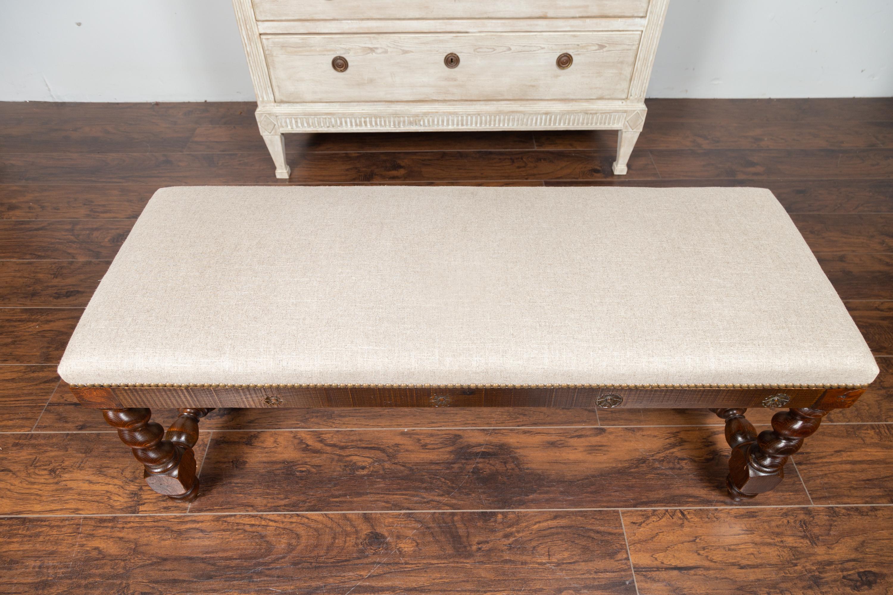French Louis XIII Style 1880s Walnut Barley Twist Bench with New Upholstery In Good Condition In Atlanta, GA