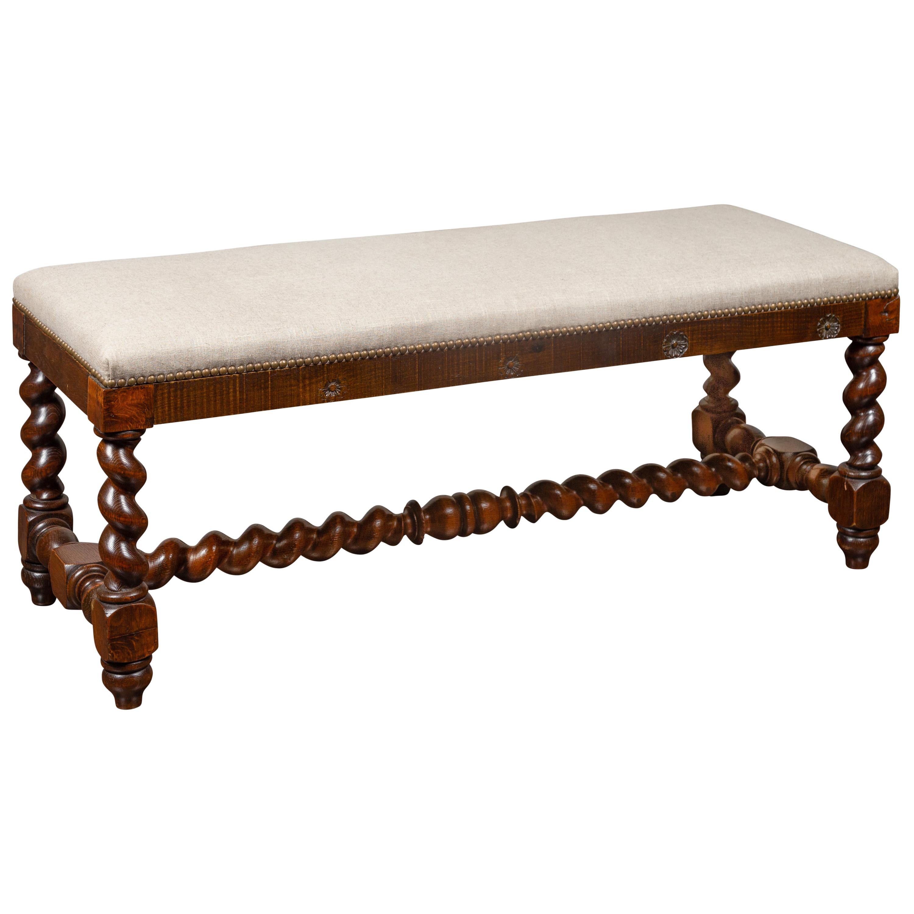 French Louis XIII Style 1880s Walnut Barley Twist Bench with New Upholstery