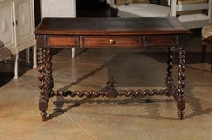 French Louis XIII Style 1880s Walnut Desk with Leather Top and Barley Twist Base