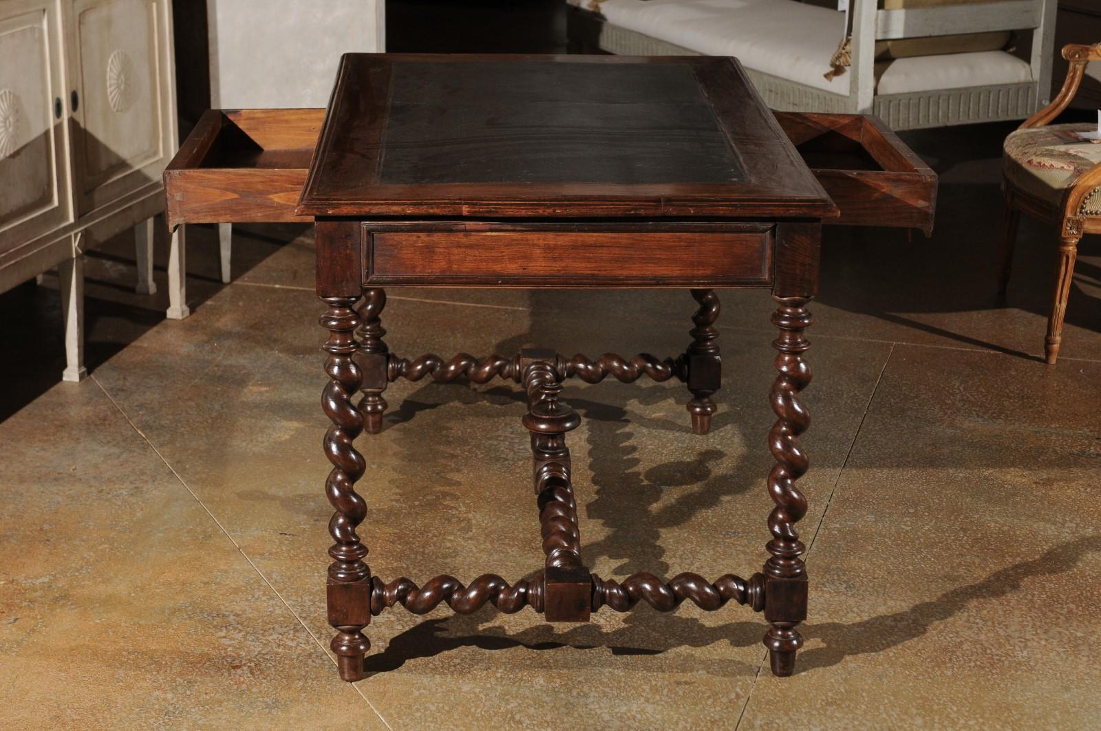 Turned French Louis XIII Style 1880s Walnut Desk with Leather Top and Barley Twist Base