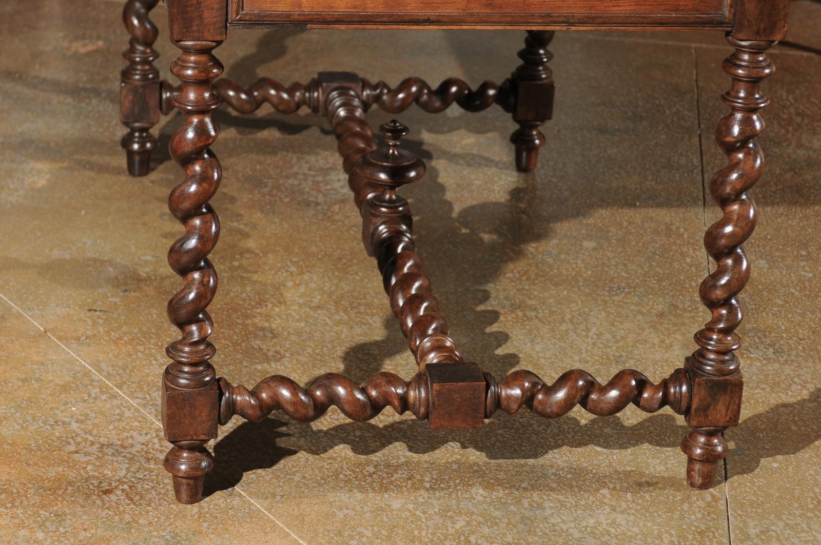 Brass French Louis XIII Style 1880s Walnut Desk with Leather Top and Barley Twist Base